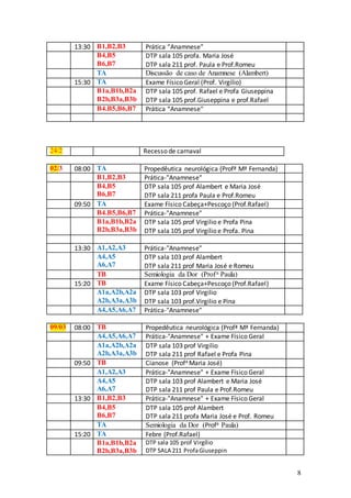 8
13:30 B1,B2,B3 Prática “Anamnese"
B4,B5
B6,B7
DTP sala 105 profa. Maria José
DTP sala 211 prof. Paula e Prof.Romeu
TA Discussão de caso de Anamnese (Alambert)
15:30 TA Exame Físico Geral (Prof. Virgílio)
B1a,B1b,B2a
B2b,B3a,B3b
DTP sala 105 prof. Rafael e Profa Giuseppina
DTP sala 105 prof.Giuseppina e prof.Rafael
B4.B5,B6,B7 Prática “Anamnese"
24/2 Recesso de carnaval
02/3 08:00 TA Propedêutica neurológica (Profª Mª Fernanda)
B1,B2,B3 Prática-"Anamnese"
B4,B5
B6,B7
DTP sala 105 prof Alambert e Maria José
DTP sala 211 profa Paula e Prof.Romeu
09:50 TA Exame Físico Cabeça+Pescoço (Prof.Rafael)
B4.B5,B6,B7 Prática-"Anamnese"
B1a,B1b,B2a
B2b,B3a,B3b
DTP sala 105 prof Virgilio e Profa Pina
DTP sala 105 prof Virgílio e Profa. Pina
13:30 A1,A2,A3 Prática-"Anamnese"
A4,A5
A6,A7
DTP sala 103 prof Alambert
DTP sala 211 prof Maria José e Romeu
TB Semiologia da Dor (Prof.a Paula)
15:20 TB Exame Físico Cabeça+Pescoço (Prof.Rafael)
A1a,A2b,A2a
A2b,A3a,A3b
DTP sala 103 prof Virgilio
DTP sala 103 prof.Virgilio e Pina
A4,A5,A6,A7 Prática-"Anamnese"
09/03 08:00 TB Propedêutica neurológica (Profª Mª Fernanda)
A4,A5,A6,A7 Prática-"Anamnese" + Exame Físico Geral
A1a,A2b,A2a
A2b,A3a,A3b
DTP sala 103 prof Virgilio
DTP sala 211 prof Rafael e Profa Pina
09:50 TB Cianose (Profa Maria José)
A1,A2,A3 Prática-"Anamnese" + Exame Físico Geral
A4,A5
A6,A7
DTP sala 103 prof Alambert e Maria José
DTP sala 211 prof Paula e Prof.Romeu
13:30 B1,B2,B3 Prática-"Anamnese" + Exame Físico Geral
B4,B5
B6,B7
DTP sala 105 prof Alambert
DTP sala 211 profa Maria José e Prof. Romeu
TA Semiologia da Dor (Profa Paula)
15:20 TA Febre (Prof.Rafael)
B1a,B1b,B2a
B2b,B3a,B3b
DTP sala 105 prof Virgílio
DTP SALA 211 ProfaGiuseppin
 