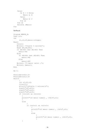 54
Senao
Se B < C Entao
Menor  B
Senao
Menor  C
Fim se
Fim se
Escreva (Menor)
Fim
EmPascal:
Program MENOR_N;
Uses crt;
var
n1,n2,n3,menor:integer;
Begin
Clrscr;
Writeln ('Digite 3 valores');
Read (N1,N2,N3);
If (N1<N2) And (N1<N3) Then
menor:=N1
Else
If (N2<N1) And (N2<N3) Then
menor:=N2
Else
menor:=N3
Writeln ('O menor valor ‚');
Writeln (menor);
End.
Em C:
#include<stdio.h>
#include<conio.h>
main()
{
int n1,n2,n3;
clrscr();
printf("nDigite 3 valoresn");
scanf("%d",&n1);
scanf("%d",&n2);
scanf("%d",&n3);
if ((n1<n2) && (n1<n3))
{
printf("nO menor numero ‚ :%dn",n1);
}
else
{
if ((n2<n1) && (n2<n3))
{
printf("nO menor numero ‚ :%dn",n2);
}
else
{
printf("nO menor numero ‚ :%dn",n3);
}
}
 