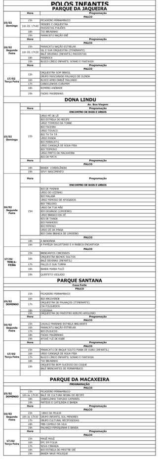 Programação carnaval infantil do Recife