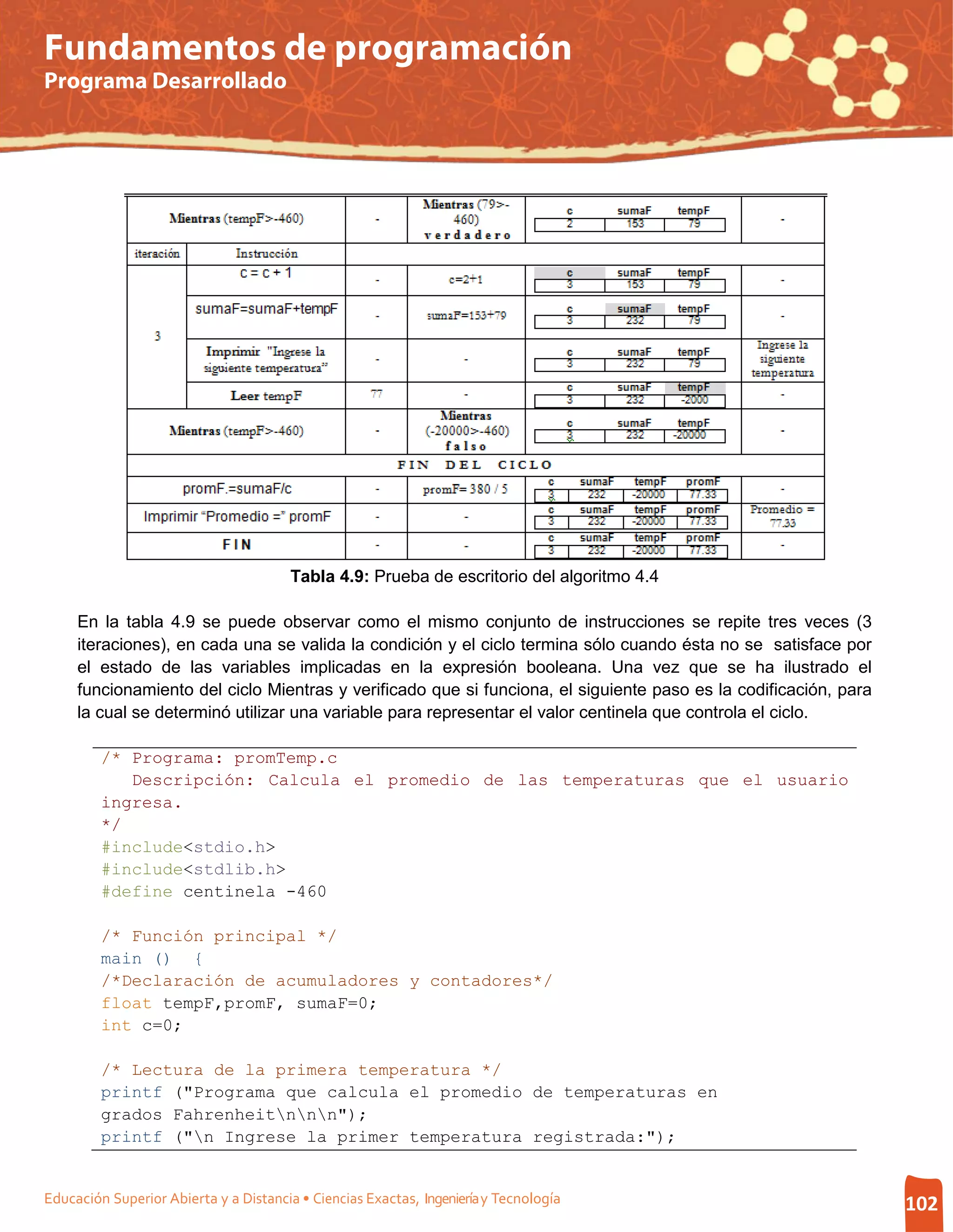 Fundamentos de programación
Programa Desarrollado




                                        Tabla 4.9: Prueba de escritorio del algoritmo 4.4

     En la tabla 4.9 se puede observar como el mismo conjunto de instrucciones se repite tres veces (3
     iteraciones), en cada una se valida la condición y el ciclo termina sólo cuando ésta no se satisface por
     el estado de las variables implicadas en la expresión booleana. Una vez que se ha ilustrado el
     funcionamiento del ciclo Mientras y verificado que si funciona, el siguiente paso es la codificación, para
     la cual se determinó utilizar una variable para representar el valor centinela que controla el ciclo.

         /* Programa: promTemp.c
            Descripción: Calcula el promedio de las temperaturas que el usuario
         ingresa.
         */
         #include<stdio.h>
         #include<stdlib.h>
         #define centinela -460

         /* Función principal */
         main () {
         /*Declaración de acumuladores y contadores*/
         float tempF,promF, sumaF=0;
         int c=0;

         /* Lectura de la primera temperatura */
         printf ("Programa que calcula el promedio de temperaturas en
         grados Fahrenheitnnn");
         printf ("n Ingrese la primer temperatura registrada:");


Educación Superior Abierta y a Distancia • Ciencias Exactas, Ingeniería y Tecnología                              102
 