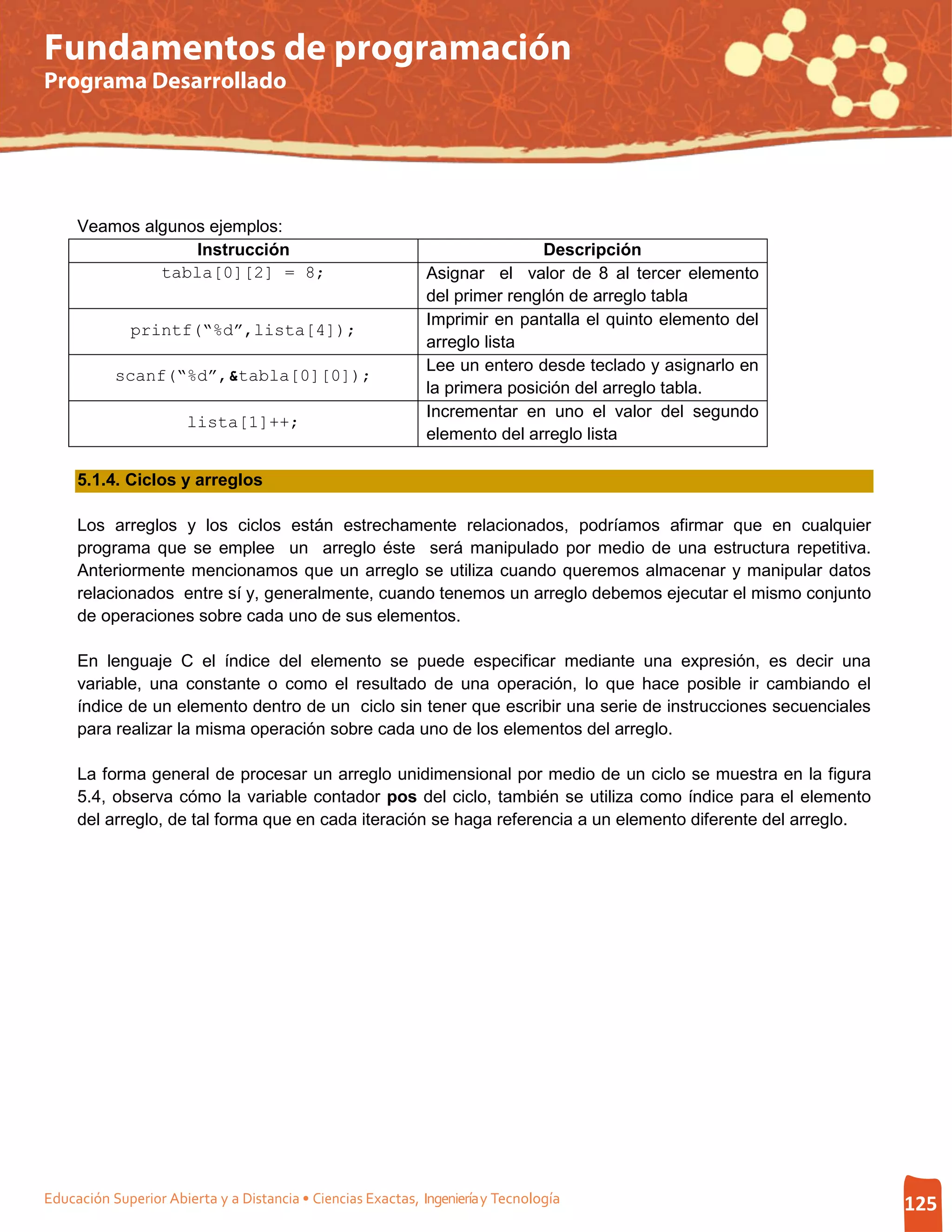 Fundamentos de programación
Programa Desarrollado




     Veamos algunos ejemplos:
                  Instrucción                                                 Descripción
              tabla[0][2] = 8;                                Asignar el valor de 8 al tercer elemento
                                                              del primer renglón de arreglo tabla
                                                              Imprimir en pantalla el quinto elemento del
              printf(“%d”,lista[4]);
                                                              arreglo lista
                                                              Lee un entero desde teclado y asignarlo en
           scanf(“%d”,&tabla[0][0]);
                                                              la primera posición del arreglo tabla.
                                                              Incrementar en uno el valor del segundo
                       lista[1]++;
                                                              elemento del arreglo lista

     5.1.4. Ciclos y arreglos

     Los arreglos y los ciclos están estrechamente relacionados, podríamos afirmar que en cualquier
     programa que se emplee un arreglo éste será manipulado por medio de una estructura repetitiva.
     Anteriormente mencionamos que un arreglo se utiliza cuando queremos almacenar y manipular datos
     relacionados entre sí y, generalmente, cuando tenemos un arreglo debemos ejecutar el mismo conjunto
     de operaciones sobre cada uno de sus elementos.

     En lenguaje C el índice del elemento se puede especificar mediante una expresión, es decir una
     variable, una constante o como el resultado de una operación, lo que hace posible ir cambiando el
     índice de un elemento dentro de un ciclo sin tener que escribir una serie de instrucciones secuenciales
     para realizar la misma operación sobre cada uno de los elementos del arreglo.

     La forma general de procesar un arreglo unidimensional por medio de un ciclo se muestra en la figura
     5.4, observa cómo la variable contador pos del ciclo, también se utiliza como índice para el elemento
     del arreglo, de tal forma que en cada iteración se haga referencia a un elemento diferente del arreglo.




Educación Superior Abierta y a Distancia • Ciencias Exactas, Ingeniería y Tecnología                           125
 