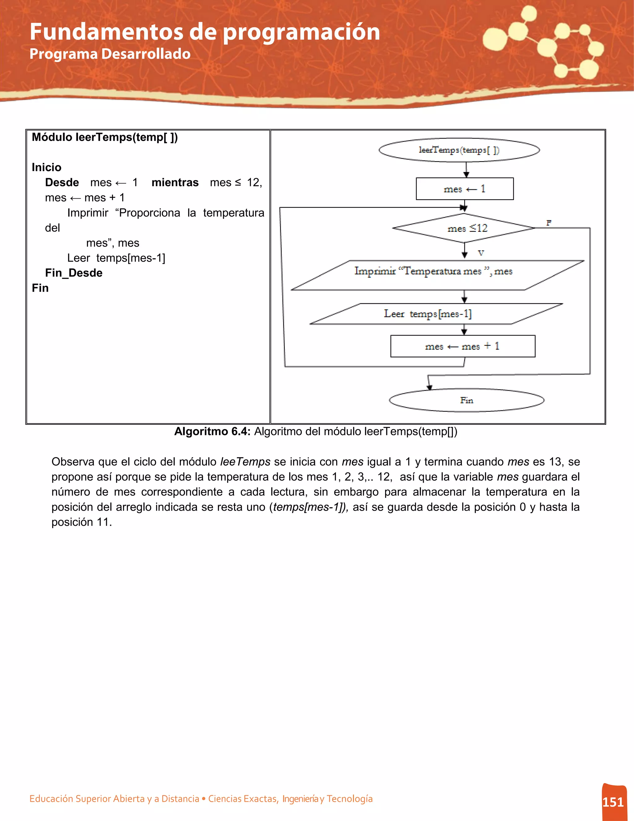 Fundamentos de programación
Programa Desarrollado




Módulo leerTemps(temp[ ])

Inicio
   Desde mes ← 1 mientras mes ≤ 12,
   mes ← mes + 1
       Imprimir “Proporciona la temperatura
   del
          mes”, mes
       Leer temps[mes-1]
   Fin_Desde
Fin




                                   Algoritmo 6.4: Algoritmo del módulo leerTemps(temp[])

     Observa que el ciclo del módulo leeTemps se inicia con mes igual a 1 y termina cuando mes es 13, se
     propone así porque se pide la temperatura de los mes 1, 2, 3,.. 12, así que la variable mes guardara el
     número de mes correspondiente a cada lectura, sin embargo para almacenar la temperatura en la
     posición del arreglo indicada se resta uno (temps[mes-1]), así se guarda desde la posición 0 y hasta la
     posición 11.




Educación Superior Abierta y a Distancia • Ciencias Exactas, Ingeniería y Tecnología                           151
 