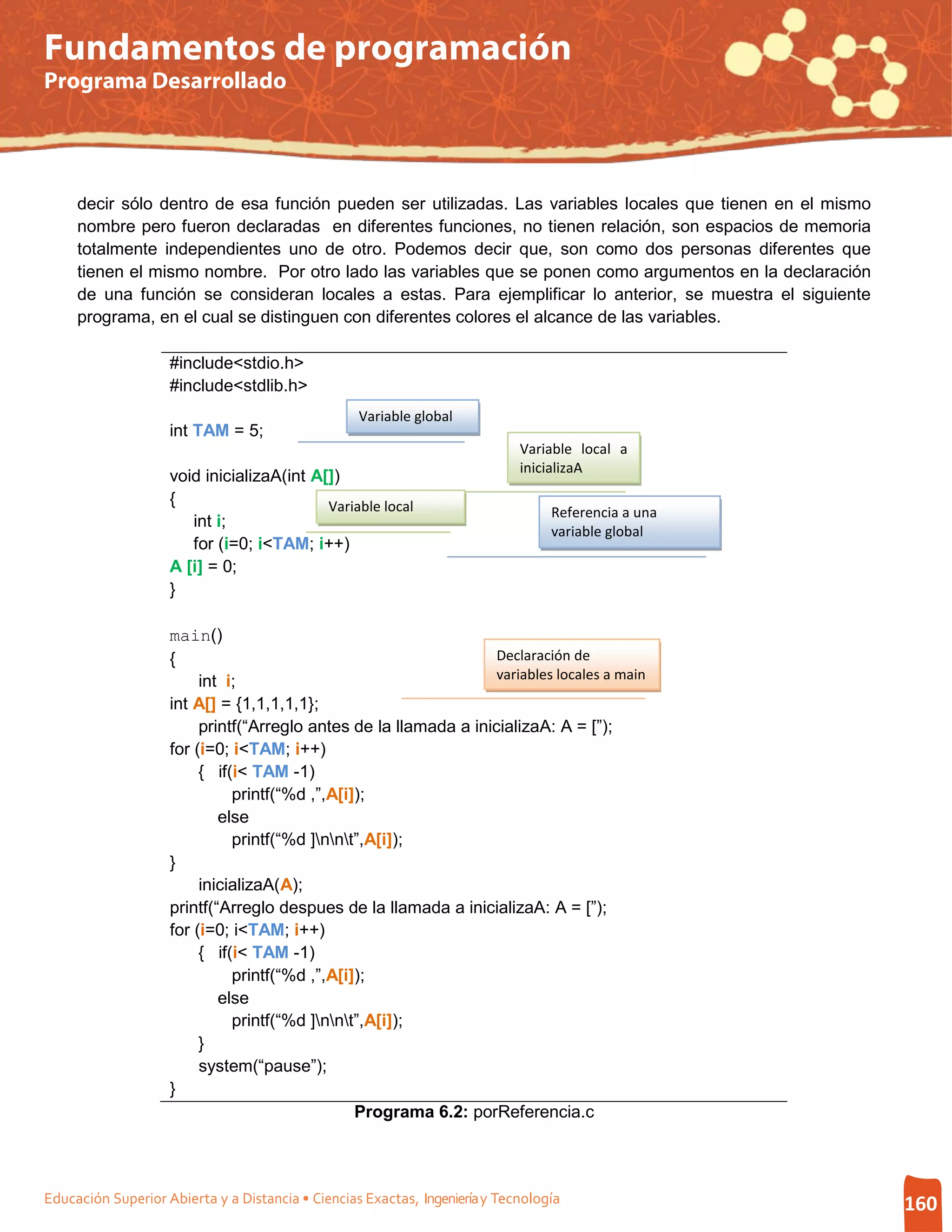 Fundamentos de programación
Programa Desarrollado




     decir sólo dentro de esa función pueden ser utilizadas. Las variables locales que tienen en el mismo
     nombre pero fueron declaradas en diferentes funciones, no tienen relación, son espacios de memoria
     totalmente independientes uno de otro. Podemos decir que, son como dos personas diferentes que
     tienen el mismo nombre. Por otro lado las variables que se ponen como argumentos en la declaración
     de una función se consideran locales a estas. Para ejemplificar lo anterior, se muestra el siguiente
     programa, en el cual se distinguen con diferentes colores el alcance de las variables.

                    #include<stdio.h>
                    #include<stdlib.h>
                                                   Variable global
                    int TAM = 5;
                                                                             Variable local a
                                                                             inicializaA
                    void inicializaA(int A[])
                    {                      Variable local                         Referencia a una
                       int i;
                                                                                  variable global
                       for (i=0; i<TAM; i++)
                    A [i] = 0;
                    }

                    main()
                    {                                              Declaración de
                         int i;                                    variables locales a main
                    int A[] = {1,1,1,1,1};
                         printf(“Arreglo antes de la llamada a inicializaA: A = [”);
                    for (i=0; i<TAM; i++)
                         { if(i< TAM -1)
                              printf(“%d ,”,A[i]);
                            else
                              printf(“%d ]nnt”,A[i]);
                    }
                         inicializaA(A);
                    printf(“Arreglo despues de la llamada a inicializaA: A = [”);
                    for (i=0; i<TAM; i++)
                         { if(i< TAM -1)
                              printf(“%d ,”,A[i]);
                            else
                              printf(“%d ]nnt”,A[i]);
                         }
                         system(“pause”);
                    }
                                                Programa 6.2: porReferencia.c



Educación Superior Abierta y a Distancia • Ciencias Exactas, Ingeniería y Tecnología                        160
 