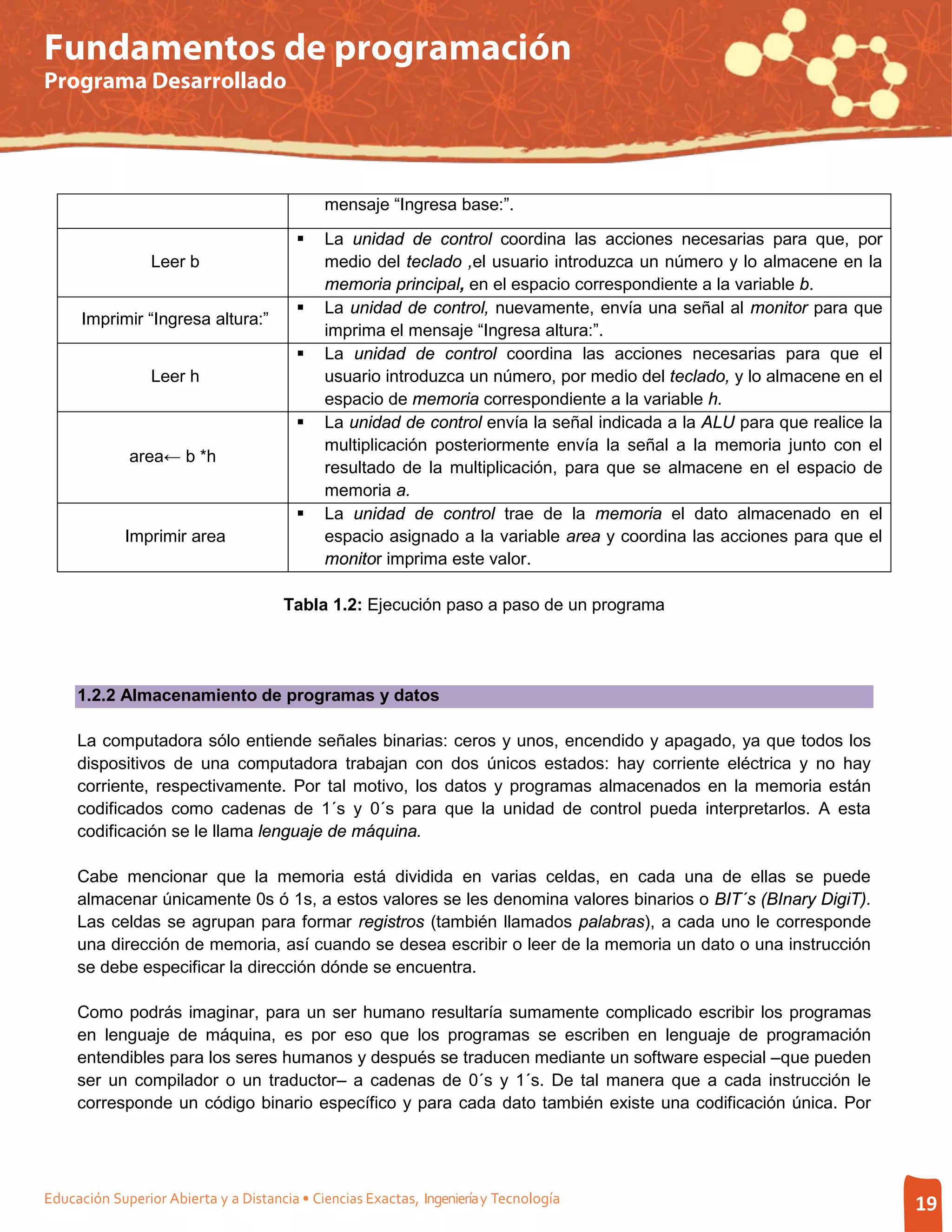 Fundamentos de programación
Programa Desarrollado




                                             mensaje “Ingresa base:”.

                                            La unidad de control coordina las acciones necesarias para que, por
                 Leer b                      medio del teclado ,el usuario introduzca un número y lo almacene en la
                                             memoria principal, en el espacio correspondiente a la variable b.
                                            La unidad de control, nuevamente, envía una señal al monitor para que
      Imprimir “Ingresa altura:”
                                             imprima el mensaje “Ingresa altura:”.
                                            La unidad de control coordina las acciones necesarias para que el
                 Leer h                      usuario introduzca un número, por medio del teclado, y lo almacene en el
                                             espacio de memoria correspondiente a la variable h.
                                            La unidad de control envía la señal indicada a la ALU para que realice la
                                             multiplicación posteriormente envía la señal a la memoria junto con el
             area← b *h
                                             resultado de la multiplicación, para que se almacene en el espacio de
                                             memoria a.
                                            La unidad de control trae de la memoria el dato almacenado en el
             Imprimir area                   espacio asignado a la variable area y coordina las acciones para que el
                                             monitor imprima este valor.

                                      Tabla 1.2: Ejecución paso a paso de un programa




     1.2.2 Almacenamiento de programas y datos

     La computadora sólo entiende señales binarias: ceros y unos, encendido y apagado, ya que todos los
     dispositivos de una computadora trabajan con dos únicos estados: hay corriente eléctrica y no hay
     corriente, respectivamente. Por tal motivo, los datos y programas almacenados en la memoria están
     codificados como cadenas de 1´s y 0´s para que la unidad de control pueda interpretarlos. A esta
     codificación se le llama lenguaje de máquina.

     Cabe mencionar que la memoria está dividida en varias celdas, en cada una de ellas se puede
     almacenar únicamente 0s ó 1s, a estos valores se les denomina valores binarios o BIT´s (BInary DigiT).
     Las celdas se agrupan para formar registros (también llamados palabras), a cada uno le corresponde
     una dirección de memoria, así cuando se desea escribir o leer de la memoria un dato o una instrucción
     se debe especificar la dirección dónde se encuentra.

     Como podrás imaginar, para un ser humano resultaría sumamente complicado escribir los programas
     en lenguaje de máquina, es por eso que los programas se escriben en lenguaje de programación
     entendibles para los seres humanos y después se traducen mediante un software especial –que pueden
     ser un compilador o un traductor– a cadenas de 0´s y 1´s. De tal manera que a cada instrucción le
     corresponde un código binario específico y para cada dato también existe una codificación única. Por




Educación Superior Abierta y a Distancia • Ciencias Exactas, Ingeniería y Tecnología                                     19
 