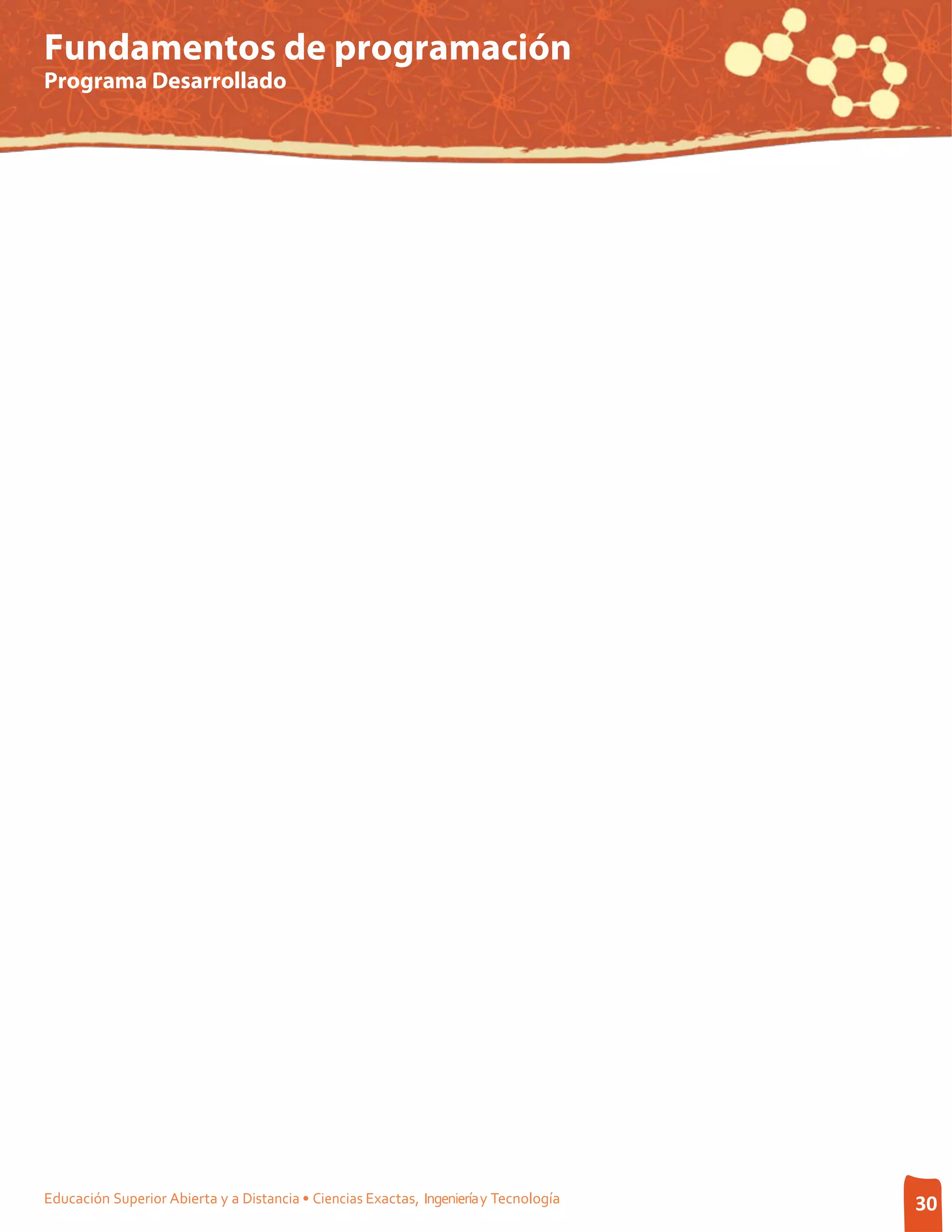 Fundamentos de programación
Programa Desarrollado




Educación Superior Abierta y a Distancia • Ciencias Exactas, Ingeniería y Tecnología   30
 