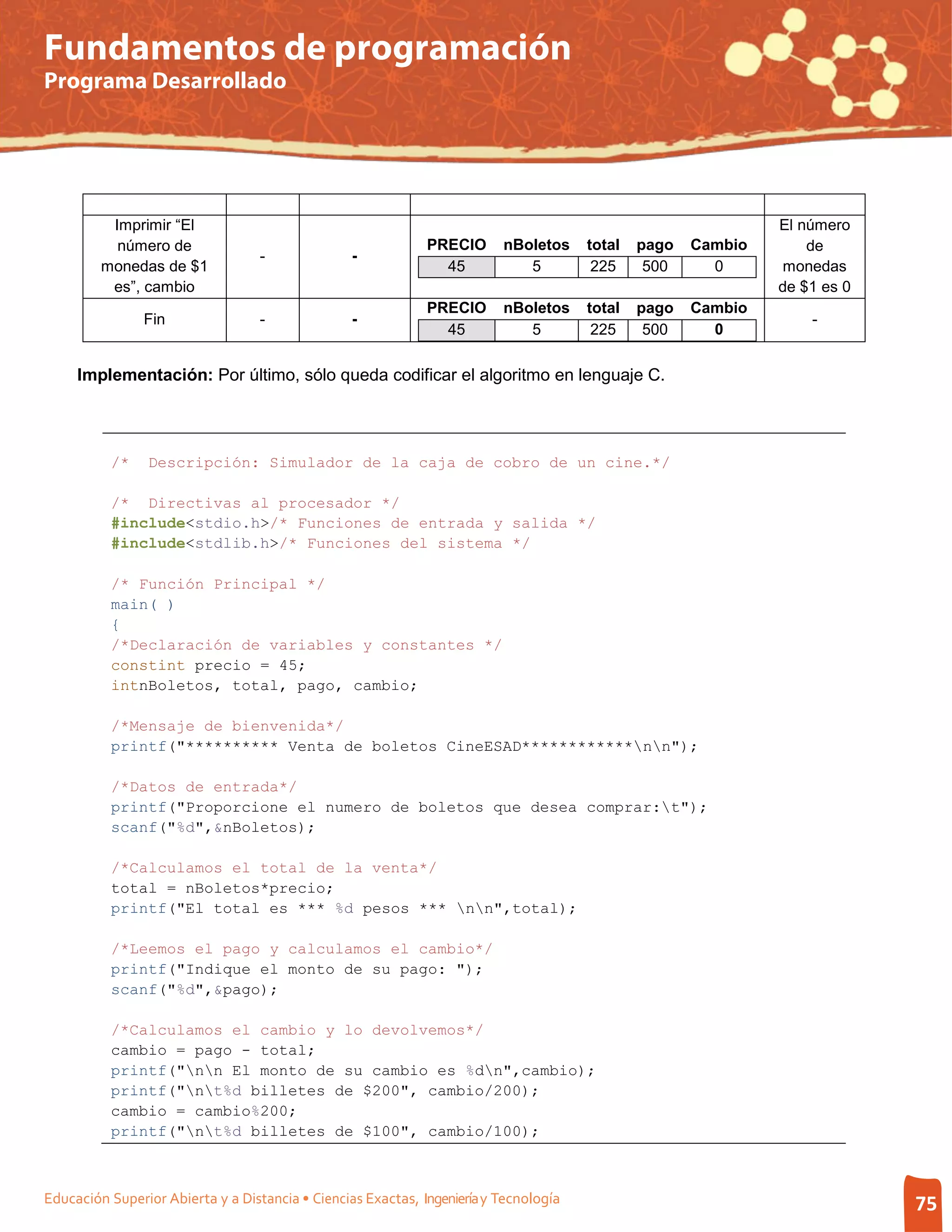 Fundamentos de programación
Programa Desarrollado




          Imprimir “El                                                                                         El número
           número de                                          PRECIO      nBoletos     total   pago   Cambio       de
                                   -              -
         monedas de $1                                          45           5          225     500     0       monedas
          es”, cambio                                                                                          de $1 es 0
                                                              PRECIO      nBoletos     total   pago   Cambio
                Fin                -              -                                                                -
                                                                45           5          225     500     0

     Implementación: Por último, sólo queda codificar el algoritmo en lenguaje C.




          /*    Descripción: Simulador de la caja de cobro de un cine.*/

          /* Directivas al procesador */
          #include<stdio.h>/* Funciones de entrada y salida */
          #include<stdlib.h>/* Funciones del sistema */

          /* Función Principal */
          main( )
          {
          /*Declaración de variables y constantes */
          constint precio = 45;
          intnBoletos, total, pago, cambio;

          /*Mensaje de bienvenida*/
          printf("********** Venta de boletos CineESAD************nn");

          /*Datos de entrada*/
          printf("Proporcione el numero de boletos que desea comprar:t");
          scanf("%d",&nBoletos);

          /*Calculamos el total de la venta*/
          total = nBoletos*precio;
          printf("El total es *** %d pesos *** nn",total);

          /*Leemos el pago y calculamos el cambio*/
          printf("Indique el monto de su pago: ");
          scanf("%d",&pago);

          /*Calculamos el cambio y lo devolvemos*/
          cambio = pago - total;
          printf("nn El monto de su cambio es %dn",cambio);
          printf("nt%d billetes de $200", cambio/200);
          cambio = cambio%200;
          printf("nt%d billetes de $100", cambio/100);



Educación Superior Abierta y a Distancia • Ciencias Exactas, Ingeniería y Tecnología                                        75
 