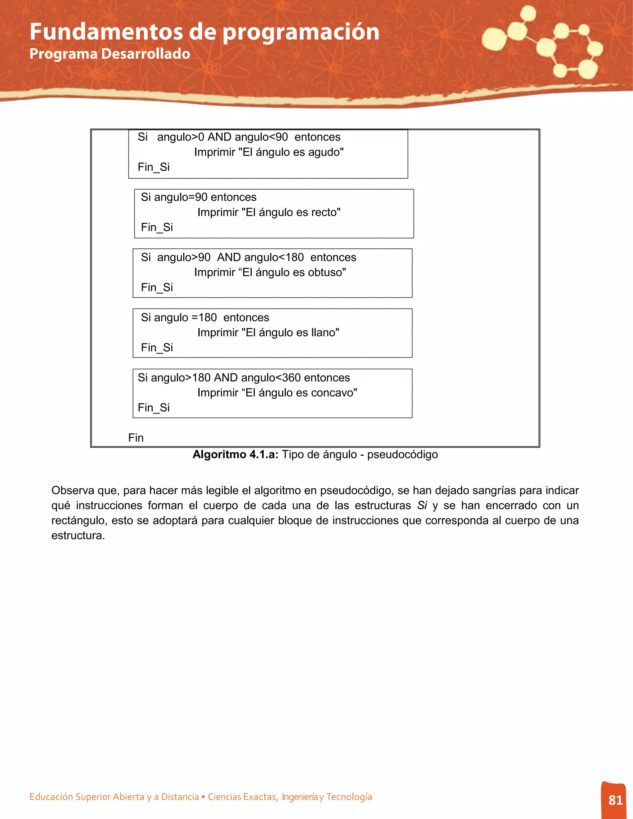 Fundamentos de programación
Programa Desarrollado




                          Si angulo>0 AND angulo<90 entonces
                                   Imprimir "El ángulo es agudo"
                          Fin_Si

                           Si angulo=90 entonces
                                     Imprimir "El ángulo es recto"
                           Fin_Si

                           Si angulo>90 AND angulo<180 entonces
                                    Imprimir “El ángulo es obtuso"
                           Fin_Si

                           Si angulo =180 entonces
                                      Imprimir "El ángulo es llano"
                           Fin_Si

                          Si angulo>180 AND angulo<360 entonces
                                     Imprimir “El ángulo es concavo"
                          Fin_Si

                        Fin
                                       Algoritmo 4.1.a: Tipo de ángulo - pseudocódigo


     Observa que, para hacer más legible el algoritmo en pseudocódigo, se han dejado sangrías para indicar
     qué instrucciones forman el cuerpo de cada una de las estructuras Si y se han encerrado con un
     rectángulo, esto se adoptará para cualquier bloque de instrucciones que corresponda al cuerpo de una
     estructura.




Educación Superior Abierta y a Distancia • Ciencias Exactas, Ingeniería y Tecnología                         81
 