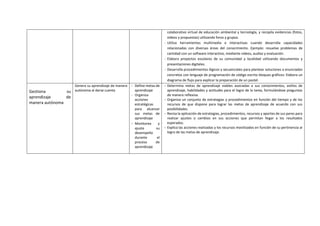 colaborativo virtual de educación ambiental y tecnología, y recopila evidencias (fotos,
videos y propuestas) utilizando foros y grupos.
- Utiliza herramientas multimedia e interactivas cuando desarrolla capacidades
relacionadas con diversas áreas del conocimiento. Ejemplo: resuelve problemas de
cantidad con un software interactivo, mediante videos, audios y evaluación.
- Elabora proyectos escolares de su comunidad y localidad utilizando documentos y
presentaciones digitales.
- Desarrolla procedimientos lógicos y secuenciales para plantear soluciones a enunciados
concretos con lenguaje de programación de código escrito bloques gráficos: Elabora un
diagrama de flujo para explicar la preparación de un pastel.
Gestiona su
aprendizaje de
manera autónoma
Genera su aprendizaje de manera
autónoma al darse cuenta
- Define metas de
aprendizaje
- Organiza
acciones
estratégicas
para alcanzar
sus metas de
aprendizaje
- Monitorea y
ajusta su
desempeño
durante el
proceso de
aprendizaje
- Determina metas de aprendizaje viables asociadas a sus conocimientos, estilos de
aprendizaje, habilidades y actitudes para el logro de la tarea, formulándose preguntas
de manera reflexiva.
- Organiza un conjunto de estrategias y procedimientos en función del tiempo y de los
recursos de que dispone para lograr las metas de aprendizaje de acuerdo con sus
posibilidades.
- Revisa la aplicación de estrategias, procedimientos, recursos y aportes de sus pares para
realizar ajustes o cambios en sus acciones que permitan llegar a los resultados
esperados.
- Explica las acciones realizadas y los recursos movilizados en función de su pertinencia al
logro de las metas de aprendizaje.
 