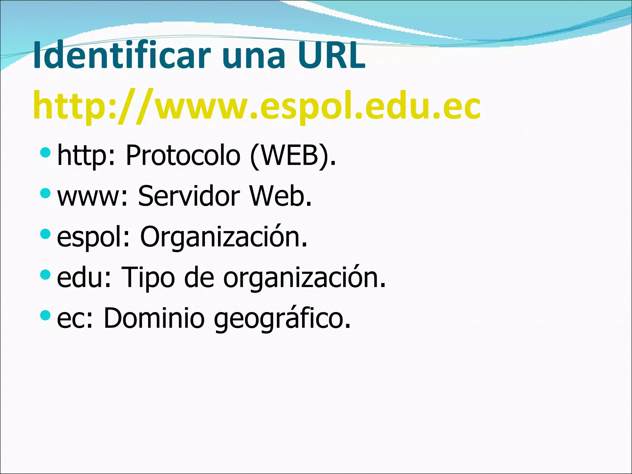 Identificar una URL http://www.espol.edu.ec http: Protocolo (WEB). www: Servidor Web. espol: Organización. edu: Tipo de organización. ec: Dominio geográfico. 