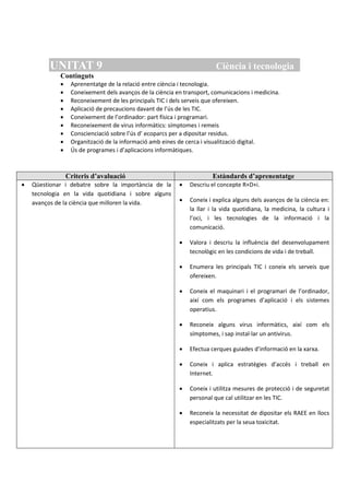 UNITAT 9 Ciència i tecnologia
Continguts
 Aprenentatge de la relació entre ciència i tecnologia.
 Coneixement dels avanços de la ciència en transport, comunicacions i medicina.
 Reconeixement de les principals TIC i dels serveis que ofereixen.
 Aplicació de precaucions davant de l’ús de les TIC.
 Coneixement de l’ordinador: part física i programari.
 Reconeixement de virus informàtics: símptomes i remeis
 Conscienciació sobre l’ús d’ ecoparcs per a dipositar residus.
 Organització de la informació amb eines de cerca i visualització digital.
 Ús de programes i d’aplicacions informàtiques.
Criteris d’avaluació Estàndards d’aprenentatge
 Qüestionar i debatre sobre la importància de la
tecnologia en la vida quotidiana i sobre alguns
avanços de la ciència que milloren la vida.
 Descriu el concepte R+D+i.
 Coneix i explica alguns dels avanços de la ciència en:
la llar i la vida quotidiana, la medicina, la cultura i
l’oci, i les tecnologies de la informació i la
comunicació.
 Valora i descriu la influència del desenvolupament
tecnològic en les condicions de vida i de treball.
 Enumera les principals TIC i coneix els serveis que
ofereixen.
 Coneix el maquinari i el programari de l’ordinador,
així com els programes d’aplicació i els sistemes
operatius.
 Reconeix alguns virus informàtics, així com els
símptomes, i sap instal·lar un antivirus.
 Efectua cerques guiades d’informació en la xarxa.
 Coneix i aplica estratègies d’accés i treball en
Internet.
 Coneix i utilitza mesures de protecció i de seguretat
personal que cal utilitzar en les TIC.
 Reconeix la necessitat de dipositar els RAEE en llocs
especialitzats per la seua toxicitat.
 