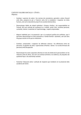 UNITATS VALORS SOCIALS I CÍVICS :
Objetius:
- Conèixer i apreciar els valors i les normes de convivència, aprendre a obrar d’acord
amb elles, preparar-se per a l’exercici actiu de la ciutadania i respectar els drets
humans, així com el pluralisme propi d’una societat democràtica.
- Desenvolupar hàbits de treball individual i d’equip, d’esforç i de responsabilitat en
l’estudi, així com actituds de confiança en si mateix, sentit crític, iniciativa personal,
curiositat, interès i creativitat en l’aprenentatge, i esperit emprenedor.
- Adquirir habilitats per a la prevenció i per a la resolució pacífica de conflictes, que li
permetin desenvolupar-se amb autonomia a l’àmbit familiar i domèstic, així com dins
els grups socials en els que se relacionen.
- Conèixer, comprendre i respectar les diferents cultures i les diferències entre les
persones, la igualtat de drets i oportunitats d’homes i dones i la no-discriminació de
persones amb discapacitat
- Desenvolupar les seves capacitats afectives en tots els àmbits de la personalitat i en les
relacions amb els altres, així com una actitud contrària a la violència, als prejudicis de
qualsevol tipus i als estereotips sexistes.
- Fomentar l’educació viària i actituds de respecte que incideixin en la prevenció dels
accidents de trànsit.
 