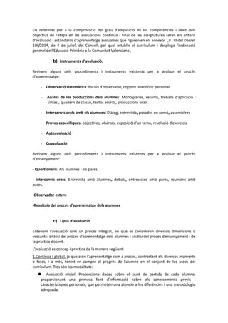 Els referents per a la comprovació del grau d’adquisició de les competències i l’èxit dels
objectius de l’etapa en les avaluacions contínua i final de les assignatures seran els criteris
d’avaluació i estàndards d’aprenentatge avaluables que figuren en els annexos I,II i III del Decret
108/2014, de 4 de juliol, del Consell, pel qual establix el currículum i desplega l’ordenació
general de l’Educació Primària a la Comunitat Valenciana .
b) Instruments d’avaluació.
Revisem alguns dels procediments i instruments existents per a avaluar el procés
d’aprenentatge:
- Observació sistemàtica: Escala d’observació, registre anecdòtic personal.
- Anàlisi de les produccions dels alumnes: Monografies, resums, treballs d’aplicació i
síntesi, quadern de classe, textos escrits, produccions orals.
- Intercanvis orals amb els alumnes: Diàleg, entrevista, posades en comú, assemblees
- Proves específiques: objectives, obertes, exposició d’un tema, resolució d’exercicis
- Autoavaluació
- Coavaluació
Revisem alguns dels procediments i instruments existents per a avaluar el procés
d’ensenyament:
- Qüestionaris: Als alumnes i als pares.
- Intercanvis orals: Entrevista amb alumnes, debats, entrevistes amb pares, reunions amb
pares.
-Observador extern
-Resultats del procés d’aprenentatge dels alumnes
c) Tipus d’avaluació.
Entenem l’avaluació com un procés integral, en què es consideren diverses dimensions o
vessants: anàlisi del procés d’aprenentatge dels alumnes i anàlisi del procés d’ensenyament i de
la pràctica docent.
L’avaluació es concep i practica de la manera següent:
1.Contínua i global, ja que atén l’aprenentatge com a procés, contrastant els diversos moments
o fases, i a més, tenint en compte el progrés de l’alumne en el conjunt de les àrees del
currículum. Tres són les modalitats:
 Avaluació inicial. Proporciona dades sobre el punt de partida de cada alumne,
proporcionant una primera font d’informació sobre els coneixements previs i
característiques personals, que permeten una atenció a les diferències i una metodologia
adequada.
 