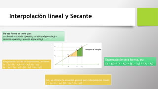 Interpolación lineal y Secante
Así, se obtiene la ecuación general para interpolación lineal:
y = y0 + (y1 – y0) * [(x – x0) ÷ (x1 – x0)]
De esa forma se tiene que:
a = tan Ɵ = (cateto opuesto1 ÷ cateto adyacente1) =
(cateto opuesto2 ÷ cateto adyacente2)
Expresado de otra forma, es:
(y – y0) ÷ (x – x0) = (y1 – y0) ÷ (x1 – x0)
Despejando «y» de las expresiones, se tiene:
(y – y0) * (x1 – x0) = (x – x0) * (y1 – y0)
(y – y0) = (y1 – y0) * [(x – x0) ÷ (x1 – x0)]
 