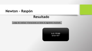 Newton – Raspón
Resultado
Luego de realizar 4 iteraciones se tiene el siguiente resultado
X=0.170180
Error=10-6
 
