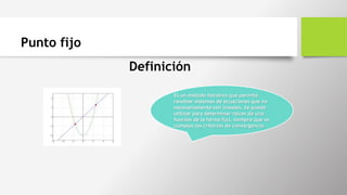 Punto fijo
Definición
Es un método iterativo que permite
resolver sistemas de ecuaciones que no
necesariamente son lineales. Se puede
utilizar para determinar raíces de una
función de la forma f(x), siempre que se
cumplan los criterios de convergencia.
 