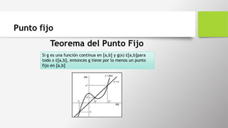 Punto fijo
Teorema del Punto Fijo
Si g es una función continua en [a,b] y g(x) Ɛ[a,b]para
todo x Ɛ[a,b], entonces g tiene por lo menos un punto
fijo en [a,b]
 