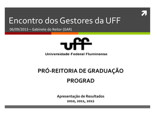 
Encontro dos Gestores da UFF
06/09/2013 – Gabinete do Reitor (GAR)
PRÓ-REITORIA DE GRADUAÇÃO
PROGRAD
Apresentação de Resultados
2010, 2011, 2012
 