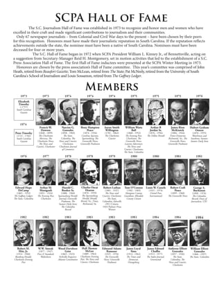 SCPA Hall of Fame
           The S.C. Journalism Hall of Fame was established in 1973 to recognize and honor men and women who have
excelled in their craft and made significant contributions to journalism and their communities.
  Only 67 newspaper journalists – from Colonial and Civil War days to the present – have been chosen by their peers
for this recognition. Honorees must have made their journalistic reputation in South Carolina. If the reputation reflects
achievements outside the state, the nominee must have been a native of South Carolina. Nominees must have been
deceased for four or more years.
             The S.C. Hall of Fame began in 1972 when SCPA President William L. Kinney Jr., of Bennettsville, acting on
a suggestion from Secretary-Manager Reid H. Montgomery, set in motion activities that led to the establishment of a S.C.
Press Association Hall of Fame. The first Hall of Fame inductees were presented at the SCPA Winter Meeting in 1973.
  Honorees are chosen by the press association’s Hall of Fame committee. This year’s committee was comprised of John
Heath, retired from Beaufort Gazette; Tom McLean, retired from The State; Pat McNeely, retired from the University of South
Carolina's School of Journalism and Louis Sossamon, retired from The Gaffney Ledger.


                                                                       Members
      1973                  1973                  1974                   1974                   1974                   1975                  1975                  1975                  1976
    Elizabeth
    Timothy
     (-1757)
  South Carolina
     Gazette



      1974
                         Francis W.            Narciso G.          Bony Hampton             Aaron Smith           William Watts             Arthur B           James Rion          Hubert Graham
                          Dawson               Gonzales                Peace                 Willington                Ball                Jordan Sr.           McKissick             Osteen
 Peter Timothy          (1840 - 1899)         (1858 - 1903)          (1874 - 1934)          (1781 - 1862)           (1868 - 1952)        (1876 - 1956)         (1884 - 1944)         (1870 - 1955)
  (1721 - 1782)         The Charleston           The State,         Carolina Spartan,       The Charleston         The Evening Post,    The Dillon Herald     Times-Democrat,       Watchman and
  South Carolina         Mercury; The         Columbia; The         Spartanburg; The           Courier              Charleston; The                          Richmond, Va.; The    Southron, Sumter;
     Gazette           Charleston News;      News and Courier,      Greenville News;                               Greenville News;                           Greenville News;     Sumter Daily Item
                        The News and            Charleston;        Greenville Piedmont                            Laurens Advertiser;                        Greenville Piedmont
                      Courier, Charleston    Charleston Journal                                                     The News and
                                               of Commerce                                                       Courier, Charleston;
                                                                                                                 The State, Columbia
      1976                  1977                  1978                   1978                   1979                   1980                  1980                  1981                  1981




 Edward Hope
          p              Arthur M.             Harold C.            Charles Oscar         Robert Lathan          Tom O’Connor           Louis W. Cassels       Robert Craft           George A.
   DeCamp
   D C                   Manigault
                         M i l                 Booker Sr.
                                               B k S                  Hearon
                                                                      H                     (1881 - 1937)          (1902 - 1969)          (1921 - 1974)           Peace               Buchanan
  (1865 - 1952)         (1851 - 1924)          (1888 - 1960)         (1876 - 1959)          The News and          Hampton County            United Press       (1899 - 1968)         (1898 - 1976)
The Gaffney Ledger;    The Evening Post,    Spartanburg Herald-     The Spartanburg       Courier, Charleston;   Guardian; Allendale       International     The Greenville News      The Columbia
The State, Columbia       Charleston         Journal; Greenville    Herald; Herald,           The State,           County Citizen                                                    Record; Dean of
                                               Piedmont; The       Bristol, Va.; Times,   Columbia; Asheville                                                                       Journalism, USC
                                             Sumter Daily Item;      Richmond, Va.          (NC) Citizen;
                                               The Columbia                               1924 Pulitzer Prize
                                                   Record                                      Winner


      1982                  1982                  1983                   1983                   1983                   1983                  1984                  1984                 1984




   Robert M.           W.W. Smoak           Wood Davidson           Hall Thomas           Edmund Adams             James Loyal          James Edward         Ambrose Elliott       William Elliott
    Hitt, Jr.          (1877 - 1947)            Grist                 McGee                 Ramsaur                   Sims                 Chaffin             Gonzales              Gonzales
  (1914 - 1968)       Press & Standard,        (1865 - 1925)         (1889 - 1963)          (1925 - 1976)          (1914 - 1962)          (1913 - 1977)       (1857 - 1926)          (1866 - 1937)
 Bamberg Herald;         Walterboro          Yorkville Enquirer;   Charleston Evening       The Greenville         The Times and        The Index-Journal,      The State,         The State, Columbia
Charleston Evening                          Atlanta Constitution   Post; The News and      News; Greenville          Democrat,              Greenwood         Columbia; The
       Post                                                        Courier, Charleston        Piedmont              Orangeburg                               News and Courier,
                                                                                                                                                                Charleston
 