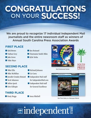 CONGRATULATIONS
 ON YOUR SUCCESS!

We are proud to recognize 17 individual Independent Mail
 journalists and the entire newsroom staff as winners of
    Annual South Carolina Press Association Awards

FIRST PLACE
 Kirk Brown                 Ken Ruinard
 Nathan Gray                Charmaine Smith-Miles
 Jake Grove                 Kylie Yerka
 Nikie Mayo
                                                                                              SOUTH
SECOND PLACE                                                                                  CAROLINA
                                                                                              PRESS
                                                      Best Entertainment Section              ASSOCIATION
 Mike Ellis                 Richard Johnson
 Mike McMillan              Liz Carey
 Jennifer Crossley Howard   Independent Mail staff
 Scott Adamson              for IndependentMail.com
 Sefton Ipock               Independent Mail staff
 Erin Gillespie             for General Excellence

THIRD PLACE
 Rusty Boggs                Anna Mitchell
                                                         Best Photo Gallery on a Newspaper Website
 