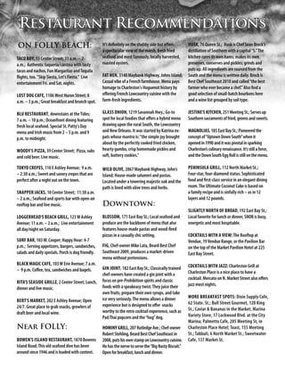 Restaurant Recommendations
ON FOLLY BEACH:                                     It’s definitely on the shabby side but offers        HUSK, 76 Queen St.; Husk is Chef Sean Brock’s
                                                    a spectacular view of the marsh, fresh fried         distillation of Southern with a capital “S.” The
TACO BOY, 15 Center Street; 11 a.m. – 2             seafood and most famously, locally harvested,        kitchen cures its own hams; makes its own
a.m.; Authentic taqueria/cantina with tasty         roasted oysters.                                     preserves, conserves and pickles; grinds and
tacos and nachos. Fun Margaritas and Tequila                                                             puts up. All ingredients are sourced from the
flights, too. "Skip Siesta, Let's Fiesta." Live     FAT HEN, 3140 Maybank Highway, Johns Island;         South and the menu is written daily. Brock is
entertainment Fri. and Sat. nights.                 Casual vibe of a French farmhouse. Menu pays         Best Chef Southeast 2010 and called “the best
                                                    homage to Charleston's Huguenot history by           farmer who ever became a chef.” Also find a
LOST DOG CAFE, 1106 West Huron Street; 8            offering French Lowcountry cuisine with the          good selection of small-batch bourbons here
a.m. – 3 p.m.; Great breakfast and brunch spot.     farm-fresh ingredients.                              and a wine list grouped by soil type.

BLU RESTAURANT, downstairs at the Tides;            GLASS ONION, 1219 Savannah Hwy.; Go-to               JESTINE’S KITCHEN, 251 Meeting St.; Serves up
7 a.m. – 10 p.m.; Oceanfront dining featuring       spot for local foodies that offers a hybrid menu     Southern sacraments of fried, greens and sweets.
fresh local seafood. Special St. Patty's Day        drawing upon the rural South, the Lowcountry
menu and Irish music from 2 – 5 p.m. and 9          and New Orleans. It was started by Katrina ex-       MAGNOLIAS, 185 East Bay St.; Pioneered the
p.m. to midnight.                                   pats whose mantra is: “the simple joy brought        concept of “Uptown Down South” when it
                                                    about by the perfectly cooked fried chicken,         opened in 1990 and it was pivotal in sparking
WOODY'S PIZZA, 39 Center Street; Pizza, subs        hearty gumbo, crisp homemade pickles and             Charleston’s culinary renaissance. It’s still a force,
and cold beer. Live music.                          soft, buttery cookies."                              and the Down South Egg Roll is still on the menu.

TOKYO CREPES, 110 E Ashley Avenue; 9 a.m.           WILD OLIVE, 2867 Maybank Highway, John’s             PENINSULA GRILL, 112 North Market St.;
– 2:30 a.m.; Sweet and savory crepes that are       Island; House-made salumeri and pastas.              Four-star, four-diamond status. Sophisticated
perfect after a night out on the town.              Located under a towering majestic oak and the        food and first-class service in an elegant dining
                                                    path is lined with olive trees and herbs.            room. The Ultimate Coconut Cake is based on
SNAPPER JACKS, 10 Center Street; 11:30 a.m.                                                              a family recipe and is sinfully rich – as in 12
– 2 a.m.; Seafood and sports bar with open-air                                                           layers and 12 pounds.
rooftop bar and live music.                         Downtown:
                                                                                                         SLIGHTLY NORTH OF BROAD, 192 East Bay St.;
LOGGERHEAD'S BEACH GRILL, 123 W Ashley              BLOSSOM, 171 East Bay St.; Local seafood and         Local favorite for lunch or dinner, SNOB is busy,
Avenue; 11 a.m. – 2 a.m.; Live entertainment        produce are the backbone of menu that also           energetic and most hospitable.
all day/night on Saturday.                          features house-made pastas and wood-fired
                                                    pizzas in a casually chic setting.                   COCKTAILS WITH A VIEW: The Rooftop at
SURF BAR, 103 W. Cooper; Happy Hour: 4-7                                                                 Vendue, 19 Vendue Range, or the Pavilion Bar
p.m.; Serving appetizers, burgers, sandwiches,      FIG, Chef-owner Mike Lata, Beard Best Chef           on the top of the Market Pavilion Hotel at 225
salads and daily specials. Porch is dog friendly.   Southeast 2009, produces a market-driven             East Bay Street.
                                                    menu without pretensions.
BLACK MAGIC CAFE, 103 W Erie Avenue; 7 a.m.                                                              COCKTAILS WITH JAZZ: Charleston Grill at
– 9 p.m. Coffee, tea, sandwiches and bagels.        GIN JOINT, 182 East Bay St.; Classically trained
                                                    chef-owners have created a gin joint with a          Charleston Place is a nice place to have a
                                                    focus on pre-Prohibition spirits and classic         cocktail. Mercato on N. Market Street also offers
RITA'S SEASIDE GRILLE, 2 Center Street; Lunch,                                                           jazz most nights.
dinner and live music.                              foods with a speakeasy twist. They juice their
                                                    own fruits, prepare their own syrups, and take
                                                    ice very seriously. The menu allows a dinner         MORE BREAKFAST SPOTS: Dixie Supply Cafe,
BERT'S MARKET, 202 E Ashley Avenue; Open                                                                 62 State. St.; Bull Street Gourmet, 120 King
24/7. Great place to grab snacks, growlers of       experience but is designed to offer  snacks
                                                    worthy to the retro cocktail experience, such as     St.; Caviar & Bananas in the Market; Marina
draft beer and local wine.                                                                               Variety Store, 17 Lockwood Blvd. at the City
                                                    Pad Thai popcorn and the “hog” dog.
                                                                                                         Marina; Palmetto Cafe, 205 Meeting St, in
Near FOLLY:                                         HOMINY GRILL, 207 Rutledge Ave.; Chef-owner          Charleston Place Hotel; Toast, 155 Meeting
                                                    Robert Stehling, Beard Best Chef Southeast in        St.; Tabbuli, 6 North Market St.; Sweetwater
BOWEN’S ISLAND RESTAURANT, 1870 Bowens              2008, puts his own stamp on Lowcountry cuisine.      Cafe, 137 Market St.
Island Road; This old seafood dive has been         He has the nerve to serve the “Big Nasty Biscuit.”
around since 1946 and is loaded with context.       Open for breakfast, lunch and dinner.
 