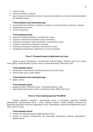  поняття циклу;
 поняття алгоритму з циклом;
 види блоків для позначення початку і закінчення алгоритму, для запису команд виконання
дії, перевірки умови.
Учні повинні мати уявлення про:
 загальний вигляд лінійного алгоритму, алгоритму з розгалуженням, алгоритму з циклом;
 заперечення висловлень;
 логічне слідування.
Учні повинні вміти:
 записувати лінійні алгоритми у вигляді блок–схеми;
 складати і виконувати алгоритми з розгалуженнями;
 записувати алгоритми з розгалуженнями у вигляді блок–схеми;
 складати і виконувати алгоритми з циклами;
 записувати алгоритми з циклами у вигляді блок–схеми;
 утворювати висловлення–заперечення і логічні слідування.
Тема 3. Основні поняття файлової системи
Диски, їх види (повторення і поглиблення). Поняття файлу. Поняття папки. Ім’я диску,
папки, файлу. Перегляд вмісту дисків, папок за допомогою вікна ”Мій комп’ютер”.
Учні повинні знати:
 призначення і види дисків, що використовуються в комп’ютері;
 поняття імені диска, папки, файлу.
Учні повинні мати уявлення про:
 файли і папки.
Учні повинні вміти:
 відкривати вікно ”Мій комп’ютер” і закінчувати роботу з ним;
 переглядати вміст дисків і папок за допомогою вікна ”Мій комп’ютер”.
Тема 4. Текстовий редактор WordPаd
Основні прийоми створення і редагування тексту в текстовому редакторі WordPad
(повторення). Завантаження тексту з диска. Режими вставки і заміни. Відміна останньої дії.
Виділення довільного поточного фрагменту тексту. Копіювання і перенесення фрагментів тексту.
Запис тексту на диск.
Учні повинні знати:
 основні способи редагування і форматування тексту;
 кнопки на панелях інструментів, які дозволяють виконувати операції редагування і
форматування.
14
 