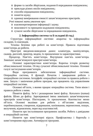 o форми та засоби зберігання, подання й передавання повідомлень;
o приклади різних носіїв повідомлень;
o способи опрацювання повідомлень;
o поняття шуму;
o одиниці вимірювання ємності запам’ятовуючих пристроїв.
Учні повинні мати уявлення про:
o взаємоперетворення інформації і шуму;
o можливості та принципи кодування повідомлень;
o сучасні засоби зберігання та опрацювання повідомлень.
2. Інформаційна система та її складові (6 год.)
Структура інформаційної системи: апаратна та інформаційна
складові, їх взаємодія.
Техніка безпеки при роботі на комп’ютері. Правила підготовки
комп’ютера до роботи.
Пристрої введення-виведення даних: клавіатура, маніпулятори,
сканер, дисплей, принтер, модем, їх призначення та характеристики.
Процесор. Пам’ять комп’ютера. Внутрішня пам’ять комп’ютера.
Зовнішні запам’ятовуючі пристрої комп’ютера.
Основні характеристики комп’ютера. Коротка історія розвитку
обчислювальної техніки. Огляд сучасної обчислювальної техніки. Основні
галузі застосування комп’ютерів.
Види програмного забезпечення інформаційної системи.
Операційна система, її функції. Початок і завершення роботи з
операційною системою. Інтерфейс операційної системи та правила роботи з
ним. Запуск і закінчення роботи програм, що працюють під управлінням
операційної системи.
Основні об’єкти, з якими працює операційна система. Типи вікон і
правила роботи з ними.
Поняття файлу. Ім’я і розширення імені файлу. Каталоги (папки)
файлів. Шлях до файлу. Зарезервовані імена зовнішніх запам’ятовуючих
пристроїв комп’ютера. Піктограми, їх призначення. Контекстне меню
об’єкта. Основні вказівки для роботи з об’єктами: виділення,
перейменування, створення, відкривання, копіювання, перенесення, пошук,
вилучення, відновлення, перегляд властивостей.
Поняття про інсталювання програмних засобів. Робота з довідками
в операційній системі.
Поняття про комп’ютерні віруси. Профілактика і боротьба з
комп’ютерними вірусами. Антивірусні програми.
7
 