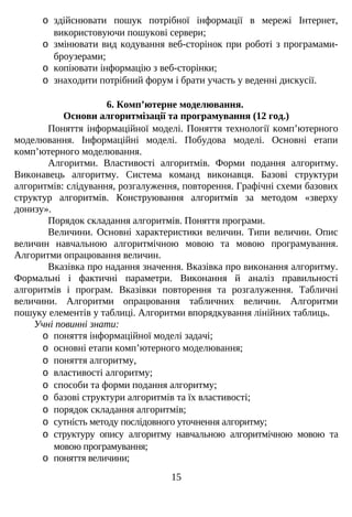 o здійснювати пошук потрібної інформації в мережі Інтернет,
використовуючи пошукові сервери;
o змінювати вид кодування веб-сторінок при роботі з програмами-
броузерами;
o копіювати інформацію з веб-сторінки;
o знаходити потрібний форум і брати участь у веденні дискусії.
6. Комп’ютерне моделювання.
Основи алгоритмізації та програмування (12 год.)
Поняття інформаційної моделі. Поняття технології комп’ютерного
моделювання. Інформаційні моделі. Побудова моделі. Основні етапи
комп’ютерного моделювання.
Алгоритми. Властивості алгоритмів. Форми подання алгоритму.
Виконавець алгоритму. Система команд виконавця. Базові структури
алгоритмів: слідування, розгалуження, повторення. Графічні схеми базових
структур алгоритмів. Конструювання алгоритмів за методом «зверху
донизу».
Порядок складання алгоритмів. Поняття програми.
Величини. Основні характеристики величин. Типи величин. Опис
величин навчальною алгоритмічною мовою та мовою програмування.
Алгоритми опрацювання величин.
Вказівка про надання значення. Вказівка про виконання алгоритму.
Формальні і фактичні параметри. Виконання й аналіз правильності
алгоритмів і програм. Вказівки повторення та розгалуження. Табличні
величини. Алгоритми опрацювання табличних величин. Алгоритми
пошуку елементів у таблиці. Алгоритми впорядкування лінійних таблиць.
Учні повинні знати:
o поняття інформаційної моделі задачі;
o основні етапи комп’ютерного моделювання;
o поняття алгоритму,
o властивості алгоритму;
o способи та форми подання алгоритму;
o базові структури алгоритмів та їх властивості;
o порядок складання алгоритмів;
o сутність методу послідовного уточнення алгоритму;
o структуру опису алгоритму навчальною алгоритмічною мовою та
мовою програмування;
o поняття величини;
15
 