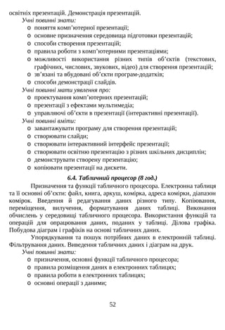 освітніх презентацій. Демонстрація презентацій.
Учні повинні знати:
o поняття комп’ютерної презентації;
o основне призначення середовища підготовки презентацій;
o способи створення презентацій;
o правила роботи з комп’ютерними презентаціями;
o можливості використання різних типів об’єктів (текстових,
графічних, числових, звукових, відео) для створення презентацій;
o зв’язані та вбудовані об’єкти програм-додатків;
o способи демонстрації слайдів.
Учні повинні мати уявлення про:
o проектування комп’ютерних презентацій;
o презентації з ефектами мультимедіа;
o управляючі об’єкти в презентації (інтерактивні презентації).
Учні повинні вміти:
o завантажувати програму для створення презентацій;
o створювати слайди;
o створювати інтерактивний інтерфейс презентації;
o створювати освітню презентацію з різних шкільних дисциплін;
o демонструвати створену презентацію;
o копіювати презентації на дискети.
6.4. Табличний процесор (8 год.)
Призначення та функції табличного процесора. Електронна таблиця
та її основні об’єкти: файл, книга, аркуш, комірка, адреса комірки, діапазон
комірок. Введення й редагування даних різного типу. Копіювання,
переміщення, вилучення, форматування даних таблиці. Виконання
обчислень у середовищі табличного процесора. Використання функцій та
операцій для опрацювання даних, поданих у таблиці. Ділова графіка.
Побудова діаграм і графіків на основі табличних даних.
Упорядкування та пошук потрібних даних в електронній таблиці.
Фільтрування даних. Виведення табличних даних і діаграм на друк.
Учні повинні знати:
o призначення, основні функції табличного процесора;
o правила розміщення даних в електронних таблицях;
o правила роботи в електронних таблицях;
o основні операції з даними;
52
 
