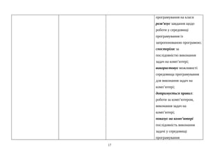 програмування на класи
розв’язує завдання щодо
роботи у середовищі
програмування із
запропонованою програмою;
спостерігає за
послідовністю виконання
задач на комп’ютері;
використовує можливості
середовища програмування
для виконання задач на
комп’ютері;
дотримується правил:
роботи за комп’ютером,
виконання задач на
комп’ютері;
показує на комп’ютері
послідовність виконання
задачі у середовищі
програмування
17
 