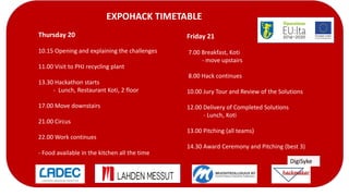 EXPOHACK TIMETABLE
Thursday 20
10.15 Opening and explaining the challenges
11.00 Visit to PHJ recycling plant
13.30 Hackathon starts
- Lunch, Restaurant Koti, 2 floor
17.00 Move downstairs
21.00 Circus
22.00 Work continues
- Food available in the kitchen all the time
Friday 21
7.00 Breakfast, Koti
- move upstairs
8.00 Hack continues
10.00 Jury Tour and Review of the Solutions
12.00 Delivery of Completed Solutions
- Lunch, Koti
13.00 Pitching (all teams)
14.30 Award Ceremony and Pitching (best 3)
DigiSyke
 