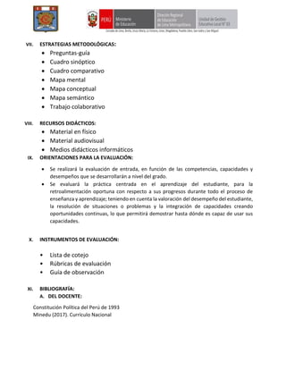 VII. ESTRATEGIAS METODOLÓGICAS:
• Preguntas-guía
• Cuadro sinóptico
• Cuadro comparativo
• Mapa mental
• Mapa conceptual
• Mapa semántico
• Trabajo colaborativo
VIII. RECURSOS DIDÁCTICOS:
• Material en físico
• Material audiovisual
• Medios didácticos informáticos
IX. ORIENTACIONES PARA LA EVALUACIÓN:
• Se realizará la evaluación de entrada, en función de las competencias, capacidades y
desempeños que se desarrollarán a nivel del grado.
• Se evaluará la práctica centrada en el aprendizaje del estudiante, para la
retroalimentación oportuna con respecto a sus progresos durante todo el proceso de
enseñanza y aprendizaje; teniendo en cuenta la valoración del desempeño del estudiante,
la resolución de situaciones o problemas y la integración de capacidades creando
oportunidades continuas, lo que permitirá demostrar hasta dónde es capaz de usar sus
capacidades.
X. INSTRUMENTOS DE EVALUACIÓN:
• Lista de cotejo
• Rúbricas de evaluación
• Guía de observación
XI. BIBLIOGRAFÍA:
A. DEL DOCENTE:
Constitución Política del Perú de 1993
Minedu (2017). Currículo Nacional
 
