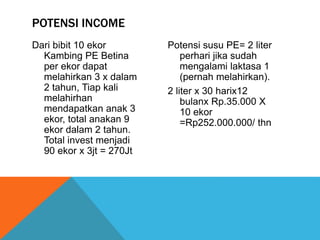 Dari bibit 10 ekor
Kambing PE Betina
per ekor dapat
melahirkan 3 x dalam
2 tahun, Tiap kali
melahirhan
mendapatkan anak 3
ekor, total anakan 9
ekor dalam 2 tahun.
Total invest menjadi
90 ekor x 3jt = 270Jt
Potensi susu PE= 2 liter
perhari jika sudah
mengalami laktasa 1
(pernah melahirkan).
2 liter x 30 harix12
bulanx Rp.35.000 X
10 ekor
=Rp252.000.000/ thn
POTENSI INCOME
 