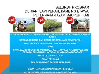 SELURUH PROGRAM
DURIAN, SAPI PERAH, KAMBING ETAWA,
PETERNAKAN AYAM MAUPUN IKAN
BAGI SISWA ADALAH PROGRAM BANTUAN PEMERINTAH YANG REGULASINYA
DIATUR
UNDANG-UNDANG DAN MENGIKUTI REGULASI PEMERINTAH
DENGAN KATA LAIN SISWA TIDAK DIPUNGUT BIAYA
DAN
SISWA WAJIB MENGIKUTI PERATURAN DAN KONTRAK DENGAN YAYASAN
SEBAGAI BINAAN DARI YAYASAN MUARA SEJAGAT ABADI
SERTA DIDAMPINGI OLEH
PIHAK SEKOLAH
SMK SHANGHANG PADMARAKSA BUMI
SISWA HANYA DIKENAKAN BIAYA PERBULAN
UNTUK MENGIKUTI PROGRAM BOARDING SCHOOL
 