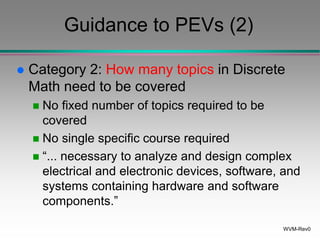 WVM-Rev0
Guidance to PEVs (2)
 Category 2: How many topics in Discrete
Math need to be covered
 No fixed number of topics required to be
covered
 No single specific course required
 “... necessary to analyze and design complex
electrical and electronic devices, software, and
systems containing hardware and software
components.”
 