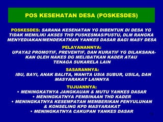 13 
POS KESEHATAN DESA (POSKESDES) 
POSKESDES: SARANA KESEHATAN YG DIBENTUK DI DESA YG 
TIDAK MEMILIKI AKSES THD PUSKESMAS/PUSTU, DLM RANGKA 
MENYEDIAKAN/MENDEKATKAN YANKES DASAR BAGI MASY DESA 
PELAYANANNYA: 
UPAYA2 PROMOTIF, PREVENTIF, DAN KURATIF YG DILAKSANA-KAN 
OLEH NAKES DG MELIBATKAN KADER ATAU 
TENAGA SUKARELA LAIN 
SASARANNYA: 
IBU, BAYI, ANAK BALITA, WANITA USIA SUBUR, USILA, DAN 
MASYARAKAT LAINNYA 
TUJUANNYA: 
• MENINGKATNYA JANGKAUAN & MUTU YANKES DASAR 
• MENINGKATNYA PEMBINAAN THD KADER 
• MENINGKATNYA KESEMPATAN MEMBERIKAN PENYULUHAN 
& KONSELING KPD MASYARAKAT 
• MENINGKATNYA CAKUPAN YANKES DASAR 
 