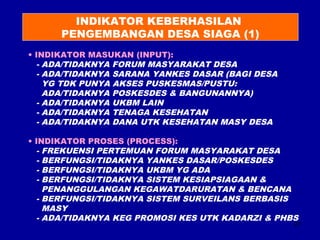 27 
INDIKATOR KEBERHASILAN 
PENGEMBANGAN DESA SIAGA (1) 
• INDIKATOR MASUKAN (INPUT): 
- ADA/TIDAKNYA FORUM MASYARAKAT DESA 
- ADA/TIDAKNYA SARANA YANKES DASAR (BAGI DESA 
YG TDK PUNYA AKSES PUSKESMAS/PUSTU: 
ADA/TIDAKNYA POSKESDES & BANGUNANNYA) 
- ADA/TIDAKNYA UKBM LAIN 
- ADA/TIDAKNYA TENAGA KESEHATAN 
- ADA/TIDAKNYA DANA UTK KESEHATAN MASY DESA 
• INDIKATOR PROSES (PROCESS): 
- FREKUENSI PERTEMUAN FORUM MASYARAKAT DESA 
- BERFUNGSI/TIDAKNYA YANKES DASAR/POSKESDES 
- BERFUNGSI/TIDAKNYA UKBM YG ADA 
- BERFUNGSI/TIDAKNYA SISTEM KESIAPSIAGAAN & 
PENANGGULANGAN KEGAWATDARURATAN & BENCANA 
- BERFUNGSI/TIDAKNYA SISTEM SURVEILANS BERBASIS 
MASY 
- ADA/TIDAKNYA KEG PROMOSI KES UTK KADARZI & PHBS 
 