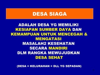 6 
DESA SIAGA 
ADALAH DESA YG MEMILIKI 
KESIAPAN SUMBER DAYA DAN 
KEMAMPUAN UNTUK MENCEGAH & 
MENGATASI 
MASALAH2 KESEHATAN 
SECARA MANDIRI 
DLM RANGKA MEWUJUDKAN 
DESA SEHAT 
(DESA = KELURAHAN = DLL YG SEPADAN) 
 