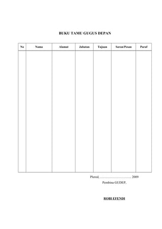 BUKU TAMU GUGUS DEPAN
No Nama Alamat Jabatan Tujuan Saran/Pesan Paraf
Plered, ……………………….. 2009
Pembina GUDEP,
ROBI EFENDI
 