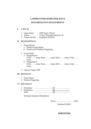 LAPORAN PER SEMESTER, DATA
DAN KEGIATAN GUGUS DEPAN
I. U M U M
1. Gugus Depan : SMP Negeri I Plered
2. Alamat : Jl. Raya Warungkandang No. 86
3. Tempat Berlatih : Pangkalan Muslimin
II. KEANGGOTAAN
1. Orang Dewasa
a. Pembina Gugus Depan
b. Pembina dan Pembantu Penggalang
2. Peserta Didik
a. Penggalang Pa
Calon …… orang, Ramu …… orang, Rakit …… orang, Terap ……
orang.
b. Penggalang Pi
Calon …… orang, Ramu …… orang, Rakit …… orang, Terap ……
orang.
3. Laporan Tingkat TKK
III. KEGIATAN
1. Gugus Depan
2. Pasukan Penggalang
IV. KEUANGAN
1. Pemasukan ……………………….. Rp. …………………..
2. Pengeluaran ……………………….. Rp. …………………..
Saldo ……………………….. Rp. …………………..
Dukungan Kegiatan (dilampirkan)
Plered, ……………………….. 2009
Pembina GUDEP,
ROBI EFENDI
 