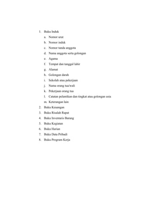 1. Buku Induk
a. Nomor urut
b. Nomor induk
c. Nomor tanda anggota
d. Nama anggota serta golongan
e. Agama
f. Tempat dan tanggal lahir
g. Alamat
h. Golongan darah
i. Sekolah atau pekerjaan
j. Nama orang tua/wali
k. Pekerjaan orang tua
l. Catatan pelantikan dan tingkat atau golongan usia
m. Keterangan lain
2. Buku Keuangan
3. Buku Risalah Rapat
4. Buku Inventaris Barang
5. Buku Kegiatan
6. Buku Harian
7. Buku Data Pribadi
8. Buku Program Kerja
 