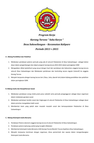 Program Kerja
Karang Taruna “ Suka Karya “
Desa Sukowilangun – Kecamatan Kalipare
Periode 2013 = 2015
A . Bidang Pendidikan dan Pelatihan
1. Melakukan pendataan potensi pemuda yang ada di seluruh Pedukuhan di Desa Sukowilangun sebagai bahan
dasar dalam pengembangan dan object program karang taruna 2013-2015 dalam peningkatan SDM
2. Mengadakan diklat (pelatihan) yang sesuai dengan hasil dari pendataan dan kebutuhan anggota karang taruna
seluruh Desa Sukowilangun dan Melakukan pembinaan dan kontroling secara regular (intensif) ke anggota
Karang Taruna.
3. Menjalin kerjasama dengan karang taruna lain ( Desa , kota, daerah lain) dalam bidang pendidikan dan pelatihan
dalam peningkatan SDM.
B. Bidang Usaha dan Kesejahteraan Sosial
1. Melakukan pendataan orang miskin,anak putus sekolah serta pemuda pengangguran sebagai dasar organisasi
dalam melakukan gerakan sosial.
2. Melakukan pemetaan kondisi sosial dan lingkungan di seluruh Pedukuhan di Desa Sukowilangun sebagai dasar
dalam prioritas mengadakan bakti sosial.
3. Membentuk team yang peduli akan masalah masalah sosial dan kemasyarakatan Pedukuhan di Desa
Sukowilangun.
C. Bidang Kelompok Usaha Bersama
1. Pendataan Potensi ekonomi anggota karang taruna di seluruh Pedukuhan di Desa Sukowilangun.
2. Pendataan potensi (peluang usaha) yang mungkin dilakukan
3. Membentuk kelompok Usaha Bersama milik Karang Taruna Mandiri Taruna Sejahtera Desa Sukowilangun.
4. Menjalin kerjasama kemitraan dengan organisasi, dinas pemerintah dan swasta dalam mengembangkan
Kelompok Usaha Bersama.
 