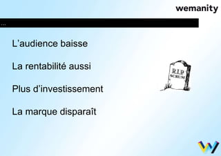 … 
L’audience baisse 
La rentabilité aussi 
Plus d’investissement 
La marque disparaît 
 