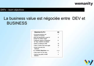 SAFe – team objectives 
La business value est négociée entre DEV et 
BUSINESS 
 