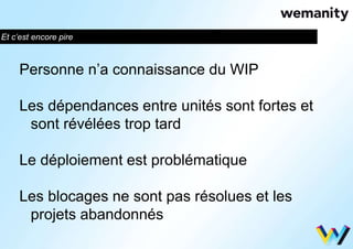 Et c’est encore pire 
Personne n’a connaissance du WIP 
Les dépendances entre unités sont fortes et 
sont révélées trop tard 
Le déploiement est problématique 
Les blocages ne sont pas résolues et les 
projets abandonnés 
 