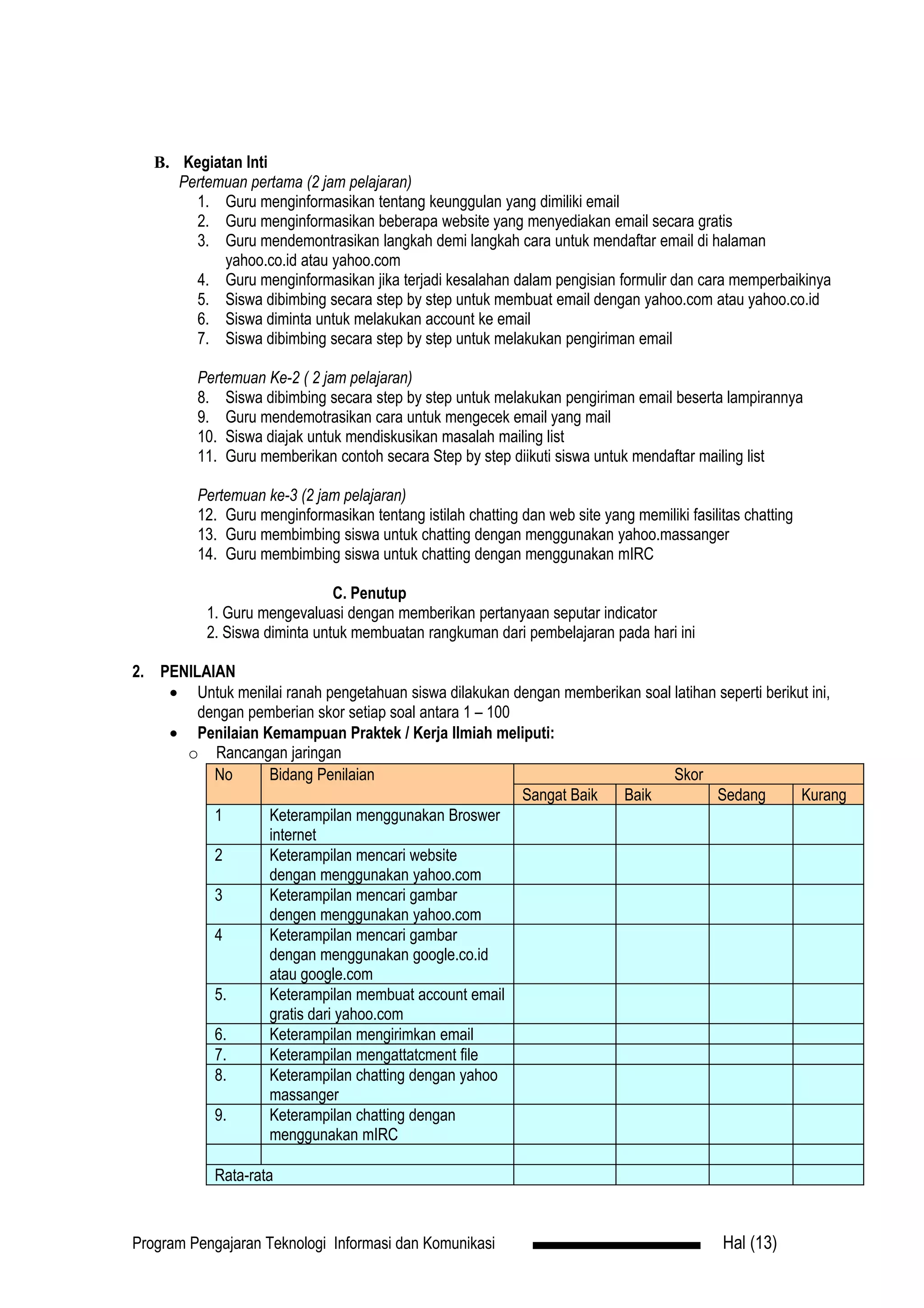 B. Kegiatan Inti
      Pertemuan pertama (2 jam pelajaran)
        1. Guru menginformasikan tentang keunggulan yang dimiliki email
        2. Guru menginformasikan beberapa website yang menyediakan email secara gratis
        3. Guru mendemontrasikan langkah demi langkah cara untuk mendaftar email di halaman
            yahoo.co.id atau yahoo.com
        4. Guru menginformasikan jika terjadi kesalahan dalam pengisian formulir dan cara memperbaikinya
        5. Siswa dibimbing secara step by step untuk membuat email dengan yahoo.com atau yahoo.co.id
        6. Siswa diminta untuk melakukan account ke email
        7. Siswa dibimbing secara step by step untuk melakukan pengiriman email

         Pertemuan Ke-2 ( 2 jam pelajaran)
         8. Siswa dibimbing secara step by step untuk melakukan pengiriman email beserta lampirannya
         9. Guru mendemotrasikan cara untuk mengecek email yang mail
         10. Siswa diajak untuk mendiskusikan masalah mailing list
         11. Guru memberikan contoh secara Step by step diikuti siswa untuk mendaftar mailing list

         Pertemuan ke-3 (2 jam pelajaran)
         12. Guru menginformasikan tentang istilah chatting dan web site yang memiliki fasilitas chatting
         13. Guru membimbing siswa untuk chatting dengan menggunakan yahoo.massanger
         14. Guru membimbing siswa untuk chatting dengan menggunakan mIRC

                              C. Penutup
          1. Guru mengevaluasi dengan memberikan pertanyaan seputar indicator
          2. Siswa diminta untuk membuatan rangkuman dari pembelajaran pada hari ini

2. PENILAIAN
    • Untuk menilai ranah pengetahuan siswa dilakukan dengan memberikan soal latihan seperti berikut ini,
        dengan pemberian skor setiap soal antara 1 – 100
    • Penilaian Kemampuan Praktek / Kerja Ilmiah meliputi:
      o Rancangan jaringan
          No      Bidang Penilaian                                           Skor
                                                         Sangat Baik Baik           Sedang         Kurang
          1       Keterampilan menggunakan Broswer
                  internet
          2       Keterampilan mencari website
                  dengan menggunakan yahoo.com
          3       Keterampilan mencari gambar
                  dengen menggunakan yahoo.com
          4       Keterampilan mencari gambar
                  dengan menggunakan google.co.id
                  atau google.com
          5.      Keterampilan membuat account email
                  gratis dari yahoo.com
          6.      Keterampilan mengirimkan email
          7.      Keterampilan mengattatcment file
          8.      Keterampilan chatting dengan yahoo
                  massanger
          9.      Keterampilan chatting dengan
                  menggunakan mIRC

            Rata-rata


Program Pengajaran Teknologi Informasi dan Komunikasi                                        Hal (13)
 
