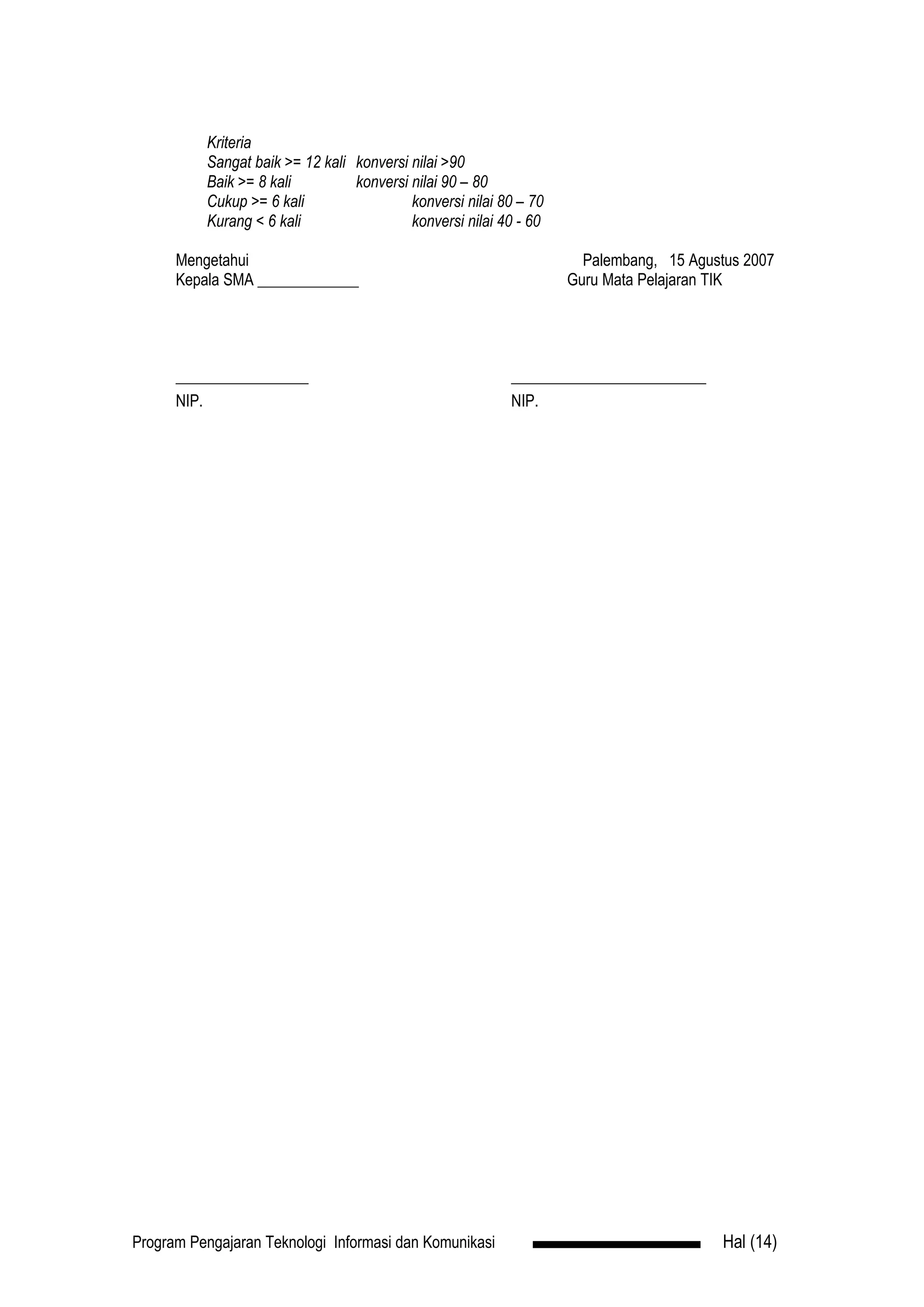 Kriteria
          Sangat baik >= 12 kali konversi nilai >90
          Baik >= 8 kali         konversi nilai 90 – 80
          Cukup >= 6 kali                 konversi nilai 80 – 70
          Kurang < 6 kali                 konversi nilai 40 - 60

      Mengetahui                                                     Palembang, 15 Agustus 2007
      Kepala SMA _____________                                     Guru Mata Pelajaran TIK




      _________________                                   _________________________
      NIP.                                                NIP.




Program Pengajaran Teknologi Informasi dan Komunikasi                                   Hal (14)
 