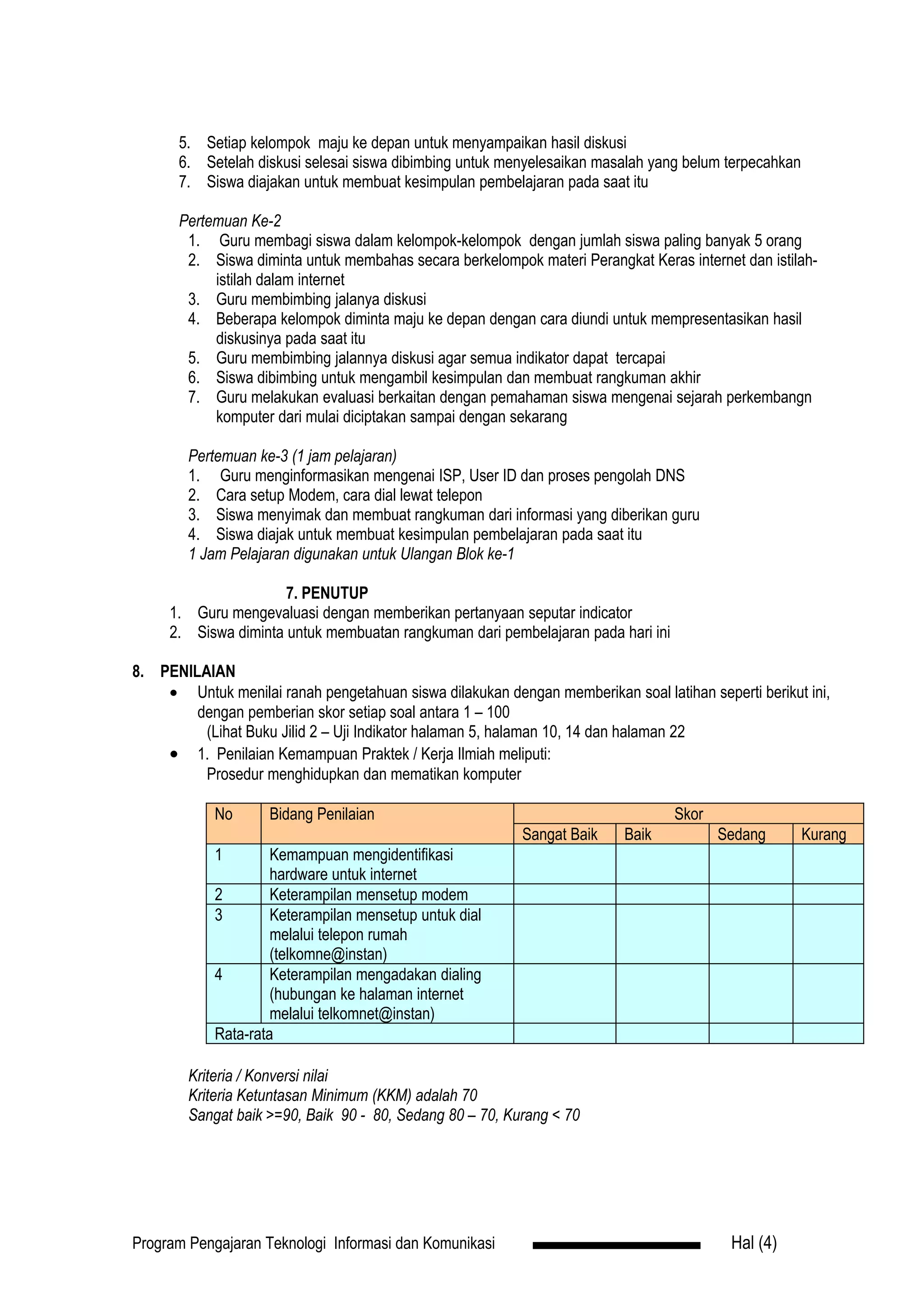 5. Setiap kelompok maju ke depan untuk menyampaikan hasil diskusi
       6. Setelah diskusi selesai siswa dibimbing untuk menyelesaikan masalah yang belum terpecahkan
       7. Siswa diajakan untuk membuat kesimpulan pembelajaran pada saat itu

       Pertemuan Ke-2
        1. Guru membagi siswa dalam kelompok-kelompok dengan jumlah siswa paling banyak 5 orang
        2. Siswa diminta untuk membahas secara berkelompok materi Perangkat Keras internet dan istilah-
            istilah dalam internet
        3. Guru membimbing jalanya diskusi
        4. Beberapa kelompok diminta maju ke depan dengan cara diundi untuk mempresentasikan hasil
            diskusinya pada saat itu
        5. Guru membimbing jalannya diskusi agar semua indikator dapat tercapai
        6. Siswa dibimbing untuk mengambil kesimpulan dan membuat rangkuman akhir
        7. Guru melakukan evaluasi berkaitan dengan pemahaman siswa mengenai sejarah perkembangn
            komputer dari mulai diciptakan sampai dengan sekarang

        Pertemuan ke-3 (1 jam pelajaran)
        1. Guru menginformasikan mengenai ISP, User ID dan proses pengolah DNS
        2. Cara setup Modem, cara dial lewat telepon
        3. Siswa menyimak dan membuat rangkuman dari informasi yang diberikan guru
        4. Siswa diajak untuk membuat kesimpulan pembelajaran pada saat itu
        1 Jam Pelajaran digunakan untuk Ulangan Blok ke-1

                      7. PENUTUP
     1. Guru mengevaluasi dengan memberikan pertanyaan seputar indicator
     2. Siswa diminta untuk membuatan rangkuman dari pembelajaran pada hari ini

8. PENILAIAN
    • Untuk menilai ranah pengetahuan siswa dilakukan dengan memberikan soal latihan seperti berikut ini,
        dengan pemberian skor setiap soal antara 1 – 100
         (Lihat Buku Jilid 2 – Uji Indikator halaman 5, halaman 10, 14 dan halaman 22
    • 1. Penilaian Kemampuan Praktek / Kerja Ilmiah meliputi:
         Prosedur menghidupkan dan mematikan komputer

            No      Bidang Penilaian                                              Skor
                                                          Sangat Baik     Baik           Sedang        Kurang
            1        Kemampuan mengidentifikasi
                     hardware untuk internet
            2        Keterampilan mensetup modem
            3        Keterampilan mensetup untuk dial
                     melalui telepon rumah
                     (telkomne@instan)
            4        Keterampilan mengadakan dialing
                     (hubungan ke halaman internet
                     melalui telkomnet@instan)
            Rata-rata

        Kriteria / Konversi nilai
        Kriteria Ketuntasan Minimum (KKM) adalah 70
        Sangat baik >=90, Baik 90 - 80, Sedang 80 – 70, Kurang < 70




Program Pengajaran Teknologi Informasi dan Komunikasi                                     Hal (4)
 