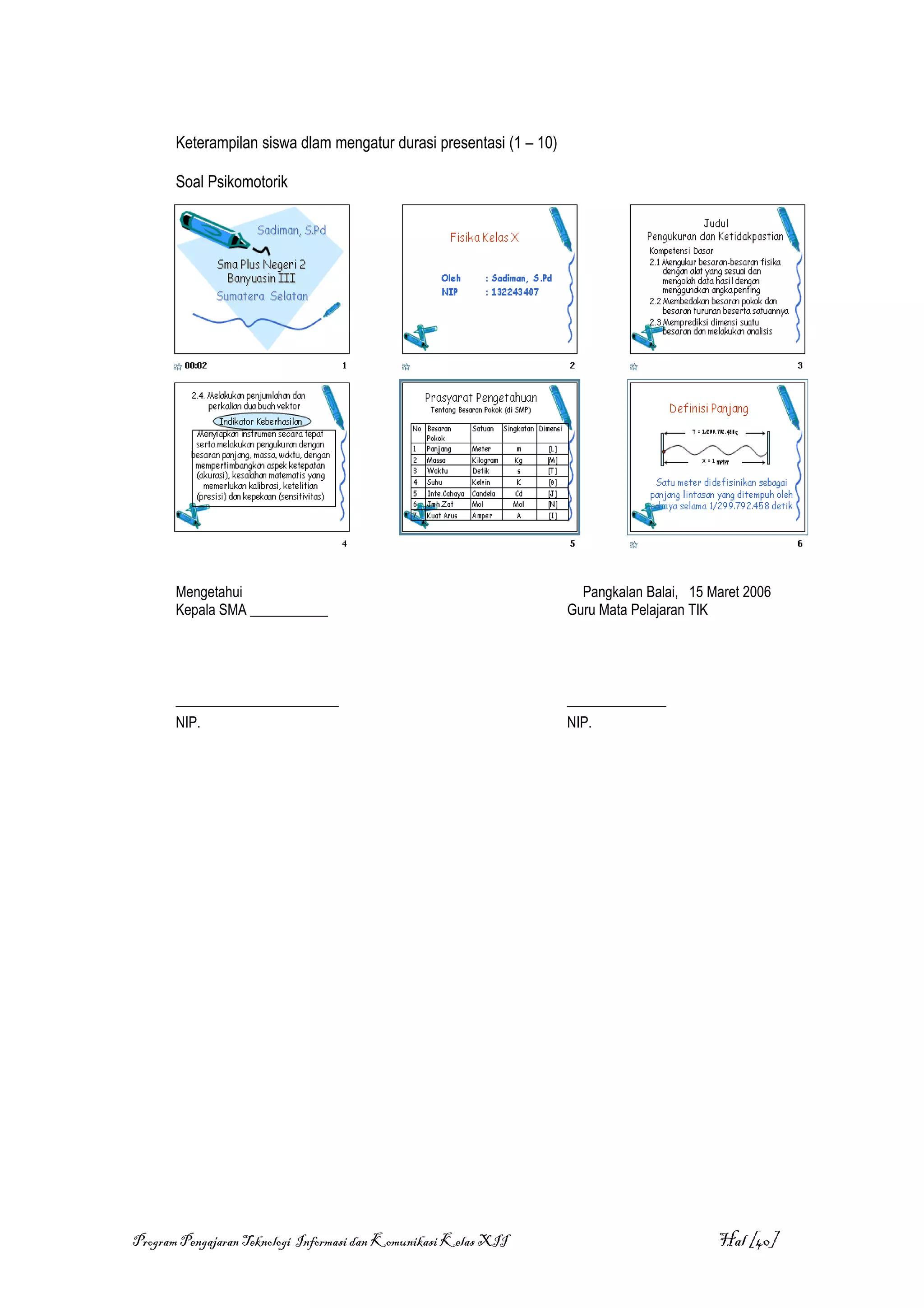 Keterampilan siswa dlam mengatur durasi presentasi (1 – 10)

       Soal Psikomotorik




       Mengetahui                                                      Pangkalan Balai, 15 Maret 2006
       Kepala SMA ___________                                        Guru Mata Pelajaran TIK




       _______________________                                       ______________
       NIP.                                                          NIP.




Program Pengajaran Teknologi Informasi dan Komunikasi Kelas XII                             Hal [40]
 