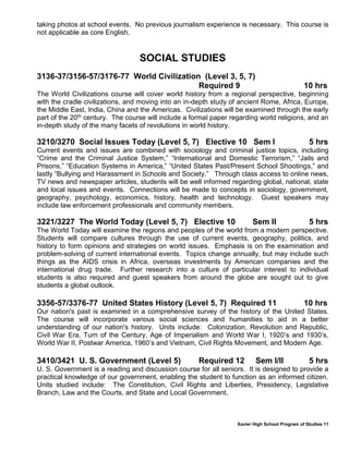 Xavier High School Program of Studies 11
taking photos at school events. No previous journalism experience is necessary. This course is
not applicable as core English.
SOCIAL STUDIES
3136-37/3156-57/3176-77 World Civilization (Level 3, 5, 7)
Required 9 10 hrs
The World Civilizations course will cover world history from a regional perspective, beginning
with the cradle civilizations, and moving into an in-depth study of ancient Rome, Africa, Europe,
the Middle East, India, China and the Americas. Civilizations will be examined through the early
part of the 20th century. The course will include a formal paper regarding world religions, and an
in-depth study of the many facets of revolutions in world history.
3210/3270 Social Issues Today (Level 5, 7) Elective 10 Sem I 5 hrs
Current events and issues are combined with sociology and criminal justice topics, including
“Crime and the Criminal Justice System,” “International and Domestic Terrorism,” “Jails and
Prisons,” “Education Systems in America,” “United States Past/Present School Shootings,” and
lastly “Bullying and Harassment in Schools and Society.” Through class access to online news,
TV news and newspaper articles, students will be well informed regarding global, national, state
and local issues and events. Connections will be made to concepts in sociology, government,
geography, psychology, economics, history, health and technology. Guest speakers may
include law enforcement professionals and community members.
3221/3227 The World Today (Level 5, 7) Elective 10 Sem II 5 hrs
The World Today will examine the regions and peoples of the world from a modern perspective.
Students will compare cultures through the use of current events, geography, politics, and
history to form opinions and strategies on world issues. Emphasis is on the examination and
problem-solving of current international events. Topics change annually, but may include such
things as the AIDS crisis in Africa, overseas investments by American companies and the
international drug trade. Further research into a culture of particular interest to individual
students is also required and guest speakers from around the globe are sought out to give
students a global outlook.
3356-57/3376-77 United States History (Level 5, 7) Required 11 10 hrs
Our nation's past is examined in a comprehensive survey of the history of the United States.
The course will incorporate various social sciences and humanities to aid in a better
understanding of our nation's history. Units include: Colonization, Revolution and Republic,
Civil War Era, Turn of the Century, Age of Imperialism and World War I, 1920’s and 1930’s,
World War II, Postwar America, 1960’s and Vietnam, Civil Rights Movement, and Modern Age.
3410/3421 U. S. Government (Level 5) Required 12 Sem I/II 5 hrs
U. S. Government is a reading and discussion course for all seniors. It is designed to provide a
practical knowledge of our government, enabling the student to function as an informed citizen.
Units studied include: The Constitution, Civil Rights and Liberties, Presidency, Legislative
Branch, Law and the Courts, and State and Local Government.
 