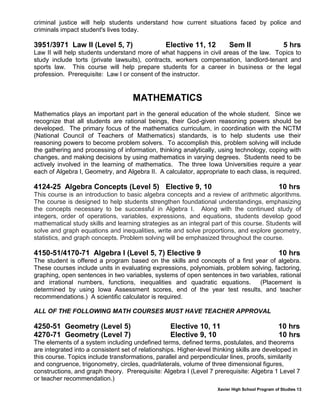 Xavier High School Program of Studies 13
criminal justice will help students understand how current situations faced by police and
criminals impact student's lives today.
3951/3971 Law II (Level 5, 7) Elective 11, 12 Sem II 5 hrs
Law II will help students understand more of what happens in civil areas of the law. Topics to
study include torts (private lawsuits), contracts, workers compensation, landlord-tenant and
sports law. This course will help prepare students for a career in business or the legal
profession. Prerequisite: Law I or consent of the instructor.
MATHEMATICS
Mathematics plays an important part in the general education of the whole student. Since we
recognize that all students are rational beings, their God-given reasoning powers should be
developed. The primary focus of the mathematics curriculum, in coordination with the NCTM
(National Council of Teachers of Mathematics) standards, is to help students use their
reasoning powers to become problem solvers. To accomplish this, problem solving will include
the gathering and processing of information, thinking analytically, using technology, coping with
changes, and making decisions by using mathematics in varying degrees. Students need to be
actively involved in the learning of mathematics. The three Iowa Universities require a year
each of Algebra I, Geometry, and Algebra II. A calculator, appropriate to each class, is required.
4124-25 Algebra Concepts (Level 5) Elective 9, 10 10 hrs
This course is an introduction to basic algebra concepts and a review of arithmetic algorithms.
The course is designed to help students strengthen foundational understandings, emphasizing
the concepts necessary to be successful in Algebra I. Along with the continued study of
integers, order of operations, variables, expressions, and equations, students develop good
mathematical study skills and learning strategies as an integral part of this course. Students will
solve and graph equations and inequalities, write and solve proportions, and explore geometry,
statistics, and graph concepts. Problem solving will be emphasized throughout the course.
4150-51/4170-71 Algebra I (Level 5, 7) Elective 9 10 hrs
The student is offered a program based on the skills and concepts of a first year of algebra.
These courses include units in evaluating expressions, polynomials, problem solving, factoring,
graphing, open sentences in two variables, systems of open sentences in two variables, rational
and irrational numbers, functions, inequalities and quadratic equations. (Placement is
determined by using Iowa Assessment scores, end of the year test results, and teacher
recommendations.) A scientific calculator is required.
ALL OF THE FOLLOWING MATH COURSES MUST HAVE TEACHER APPROVAL
4250-51 Geometry (Level 5) Elective 10, 11 10 hrs
4270-71 Geometry (Level 7) Elective 9, 10 10 hrs
The elements of a system including undefined terms, defined terms, postulates, and theorems
are integrated into a consistent set of relationships. Higher-level thinking skills are developed in
this course. Topics include transformations, parallel and perpendicular lines, proofs, similarity
and congruence, trigonometry, circles, quadrilaterals, volume of three dimensional figures,
constructions, and graph theory. Prerequisite: Algebra I (Level 7 prerequisite: Algebra 1 Level 7
or teacher recommendation.)
 